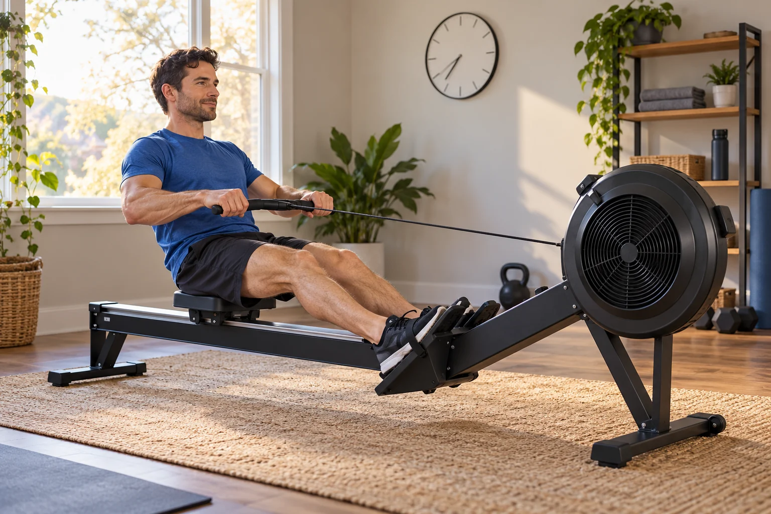 Man rowing in a tidy home exercise room