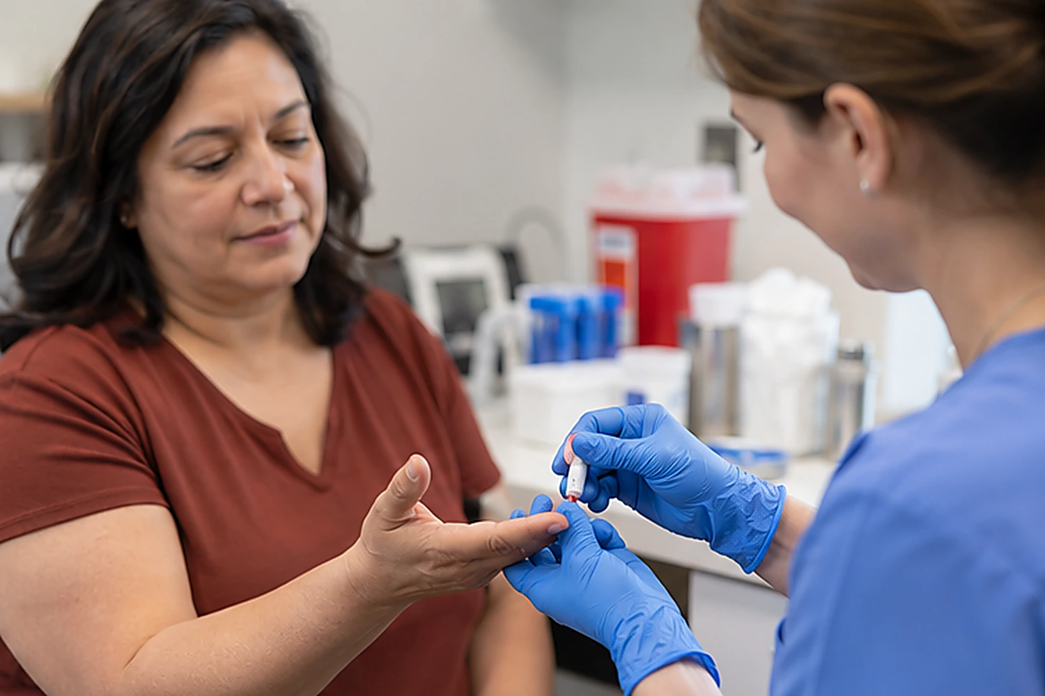 Gloved healthcare worker holding a blood sample tube in a clinical setting