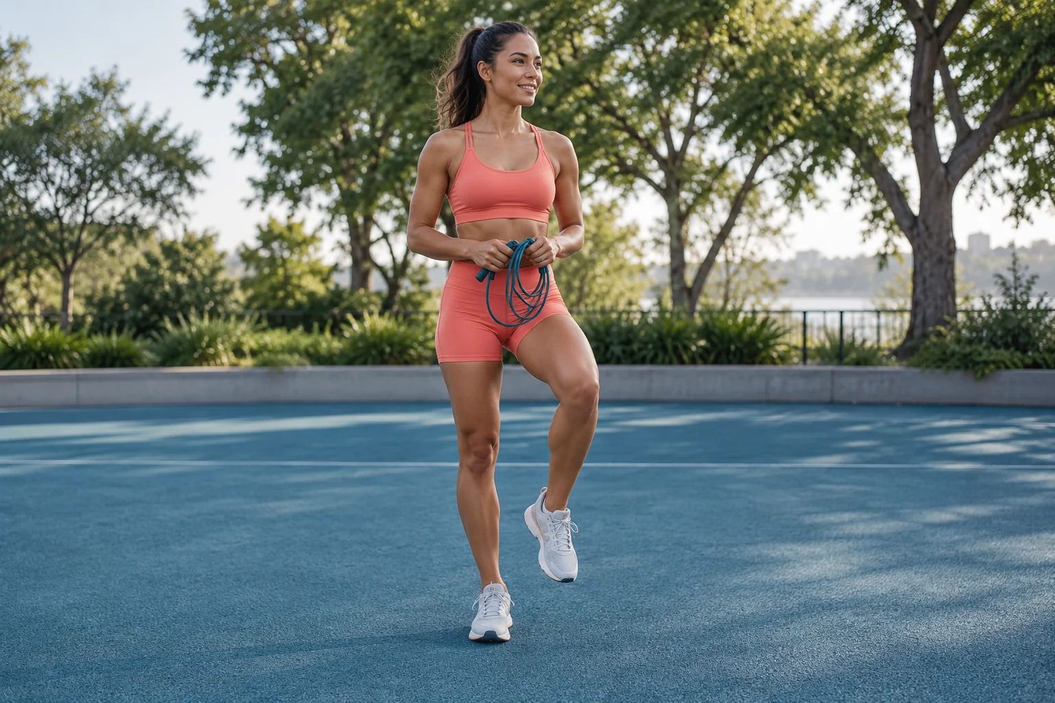 Woman practising an alternating-foot preparation drill on a clear training court.