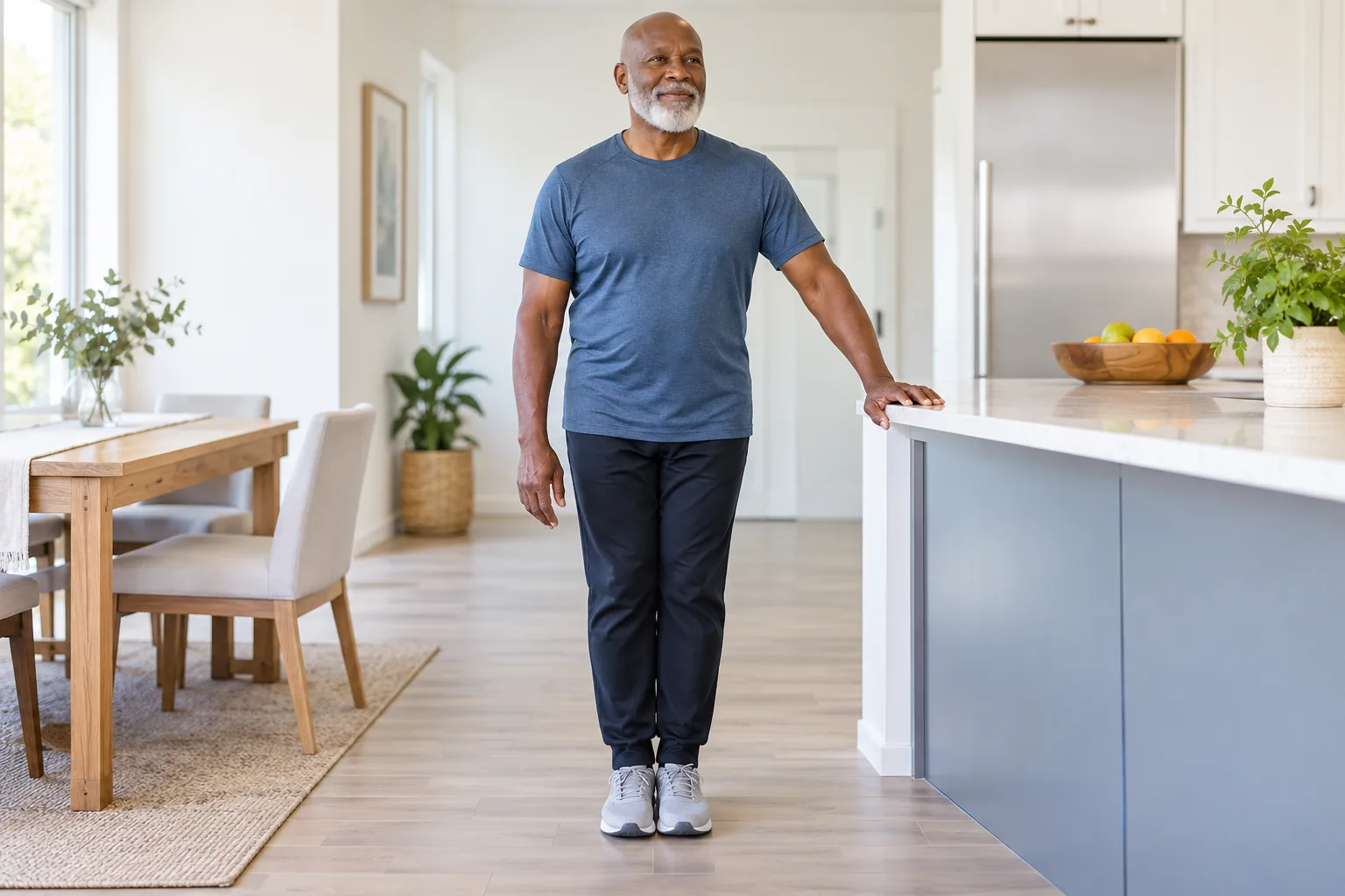 An older Black man practicing a supported narrow stance on a firm flat floor beside a fixed countertop, bright uncluttered room, eyes open