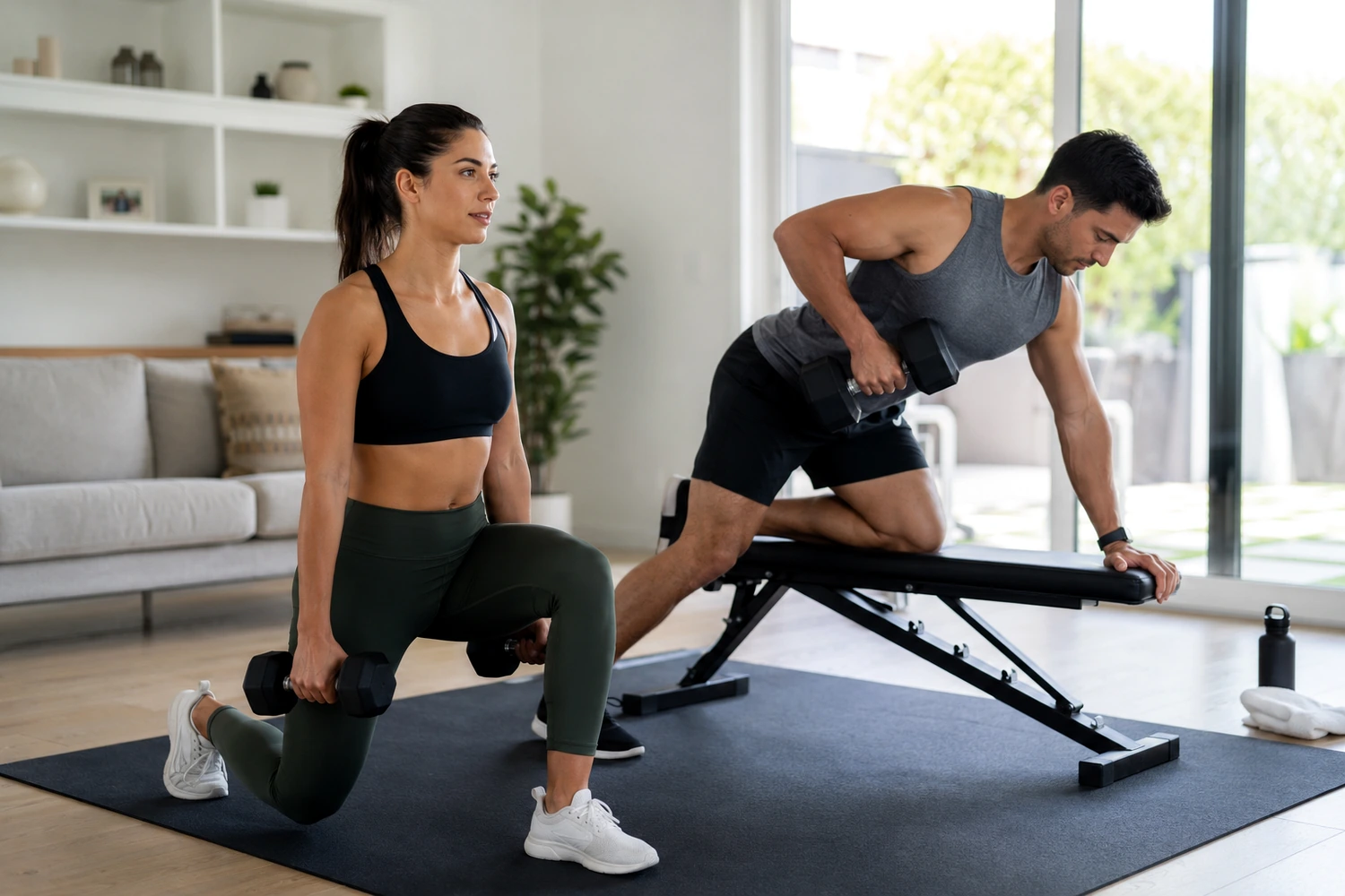 Two adults performing dumbbell strength exercises together in a bright home workout space