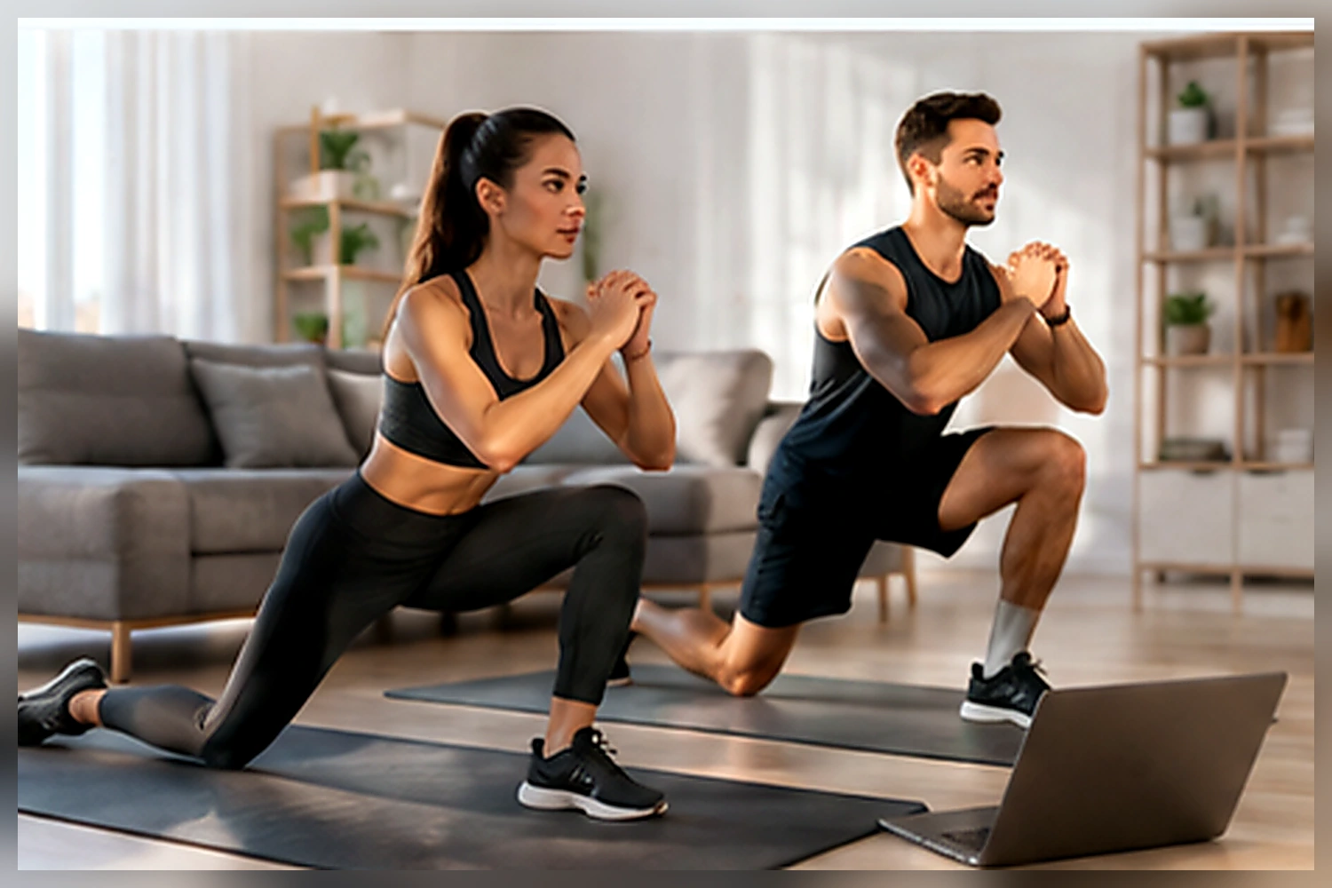 Two adults following a guided online fitness program from a laptop in a bright home workout space