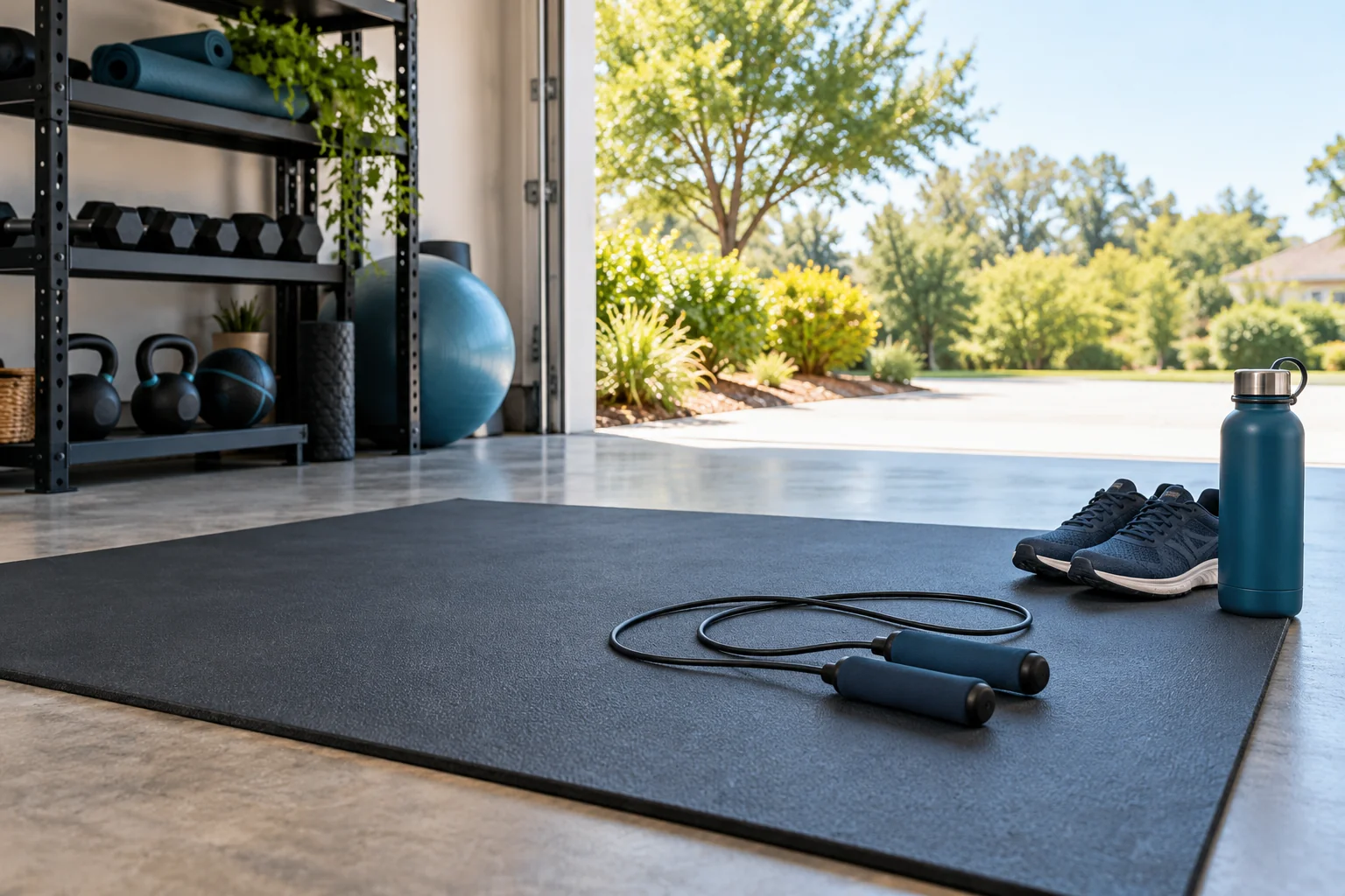 Jump rope and trainers arranged on a flat mat in a clear home exercise space.