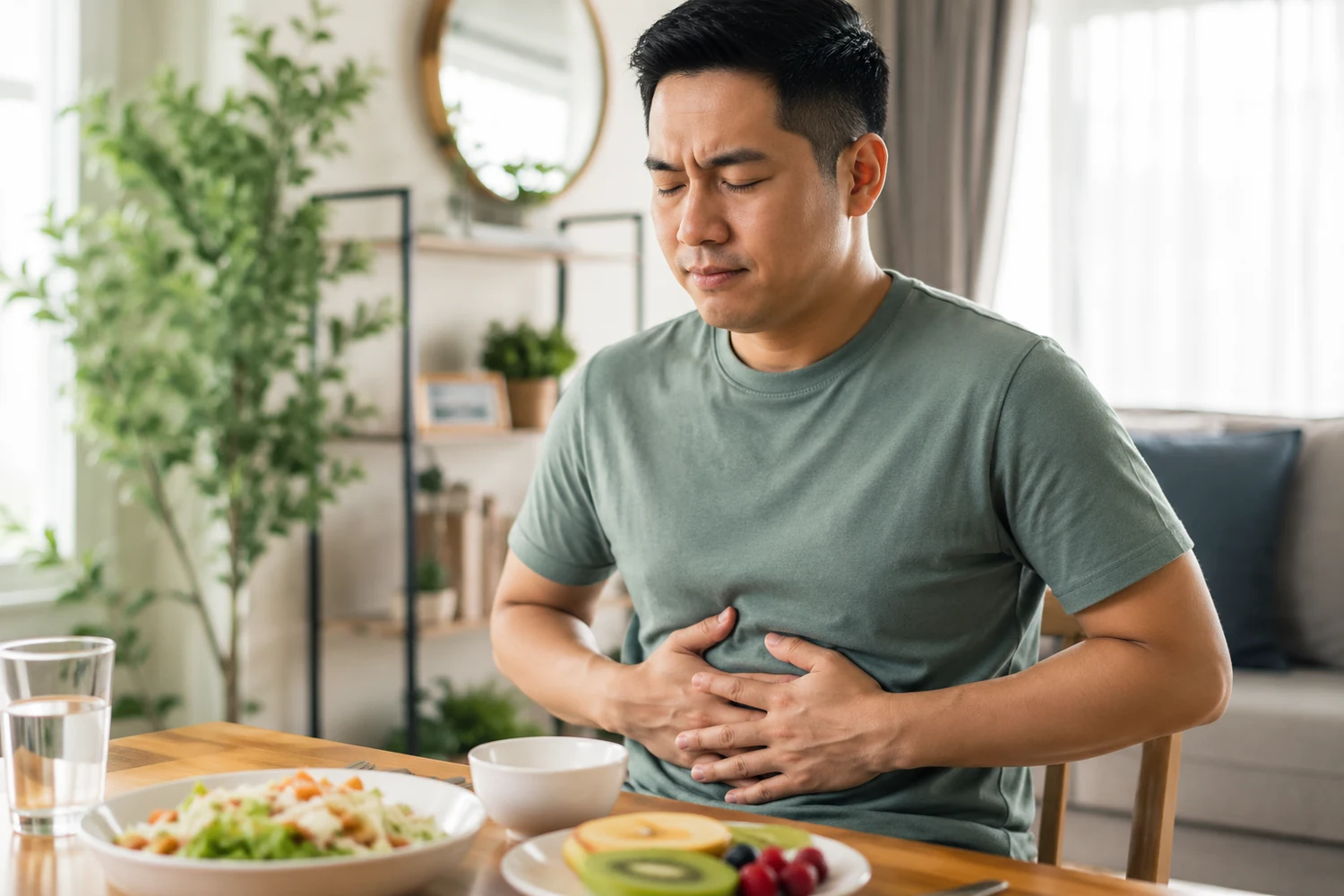 Man holding his stomach at the table to illustrate bloating and digestive discomfort