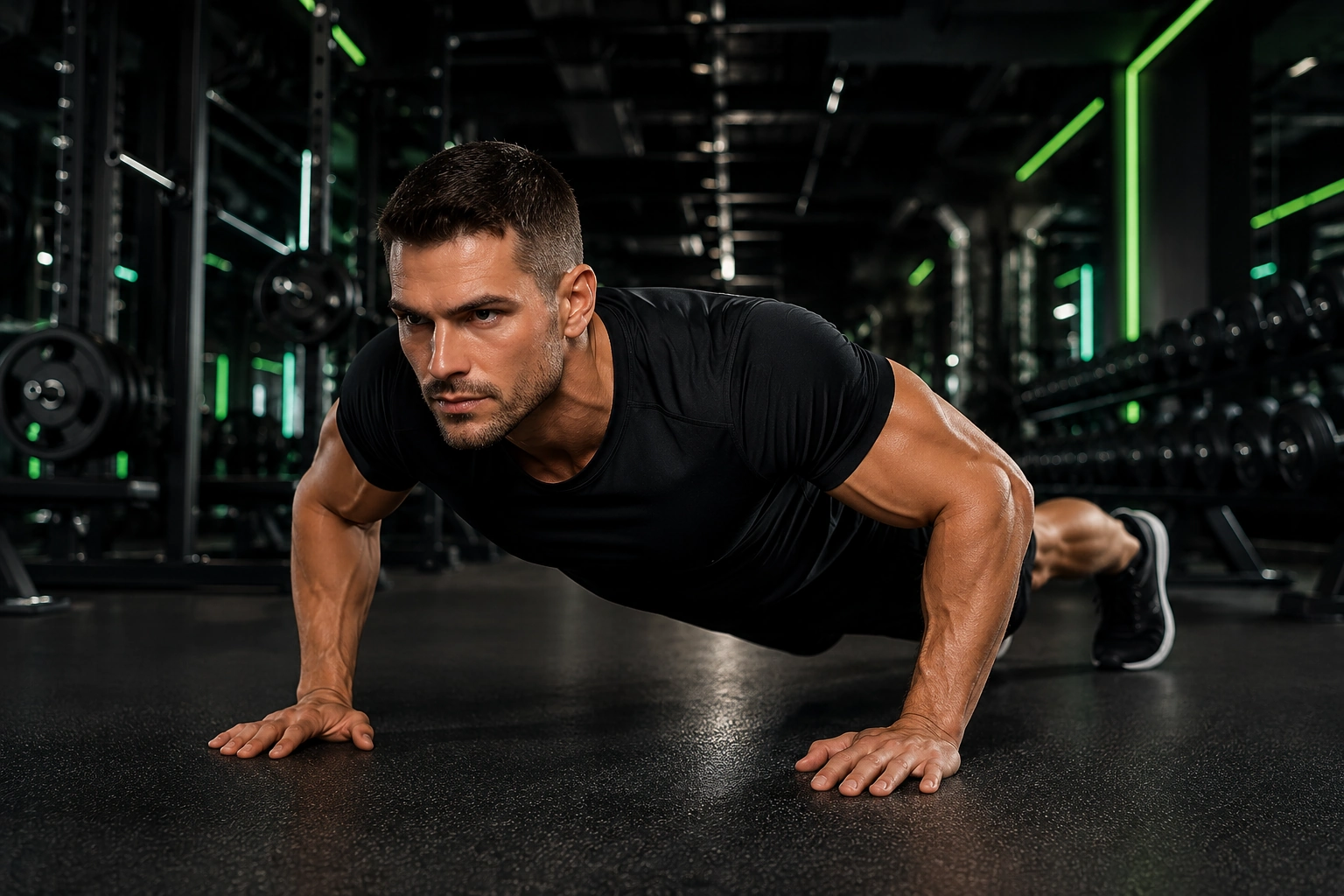 Athletic man doing a push-up in a modern gym for a bodybuilding workout routine