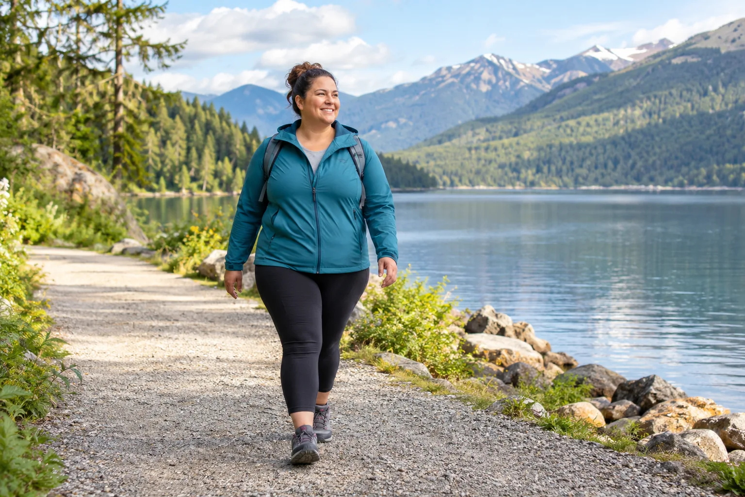A plus-size woman in a teal walking jacket enjoying a broad level lakeside gravel trail with a small daypack and comfortable walking posture