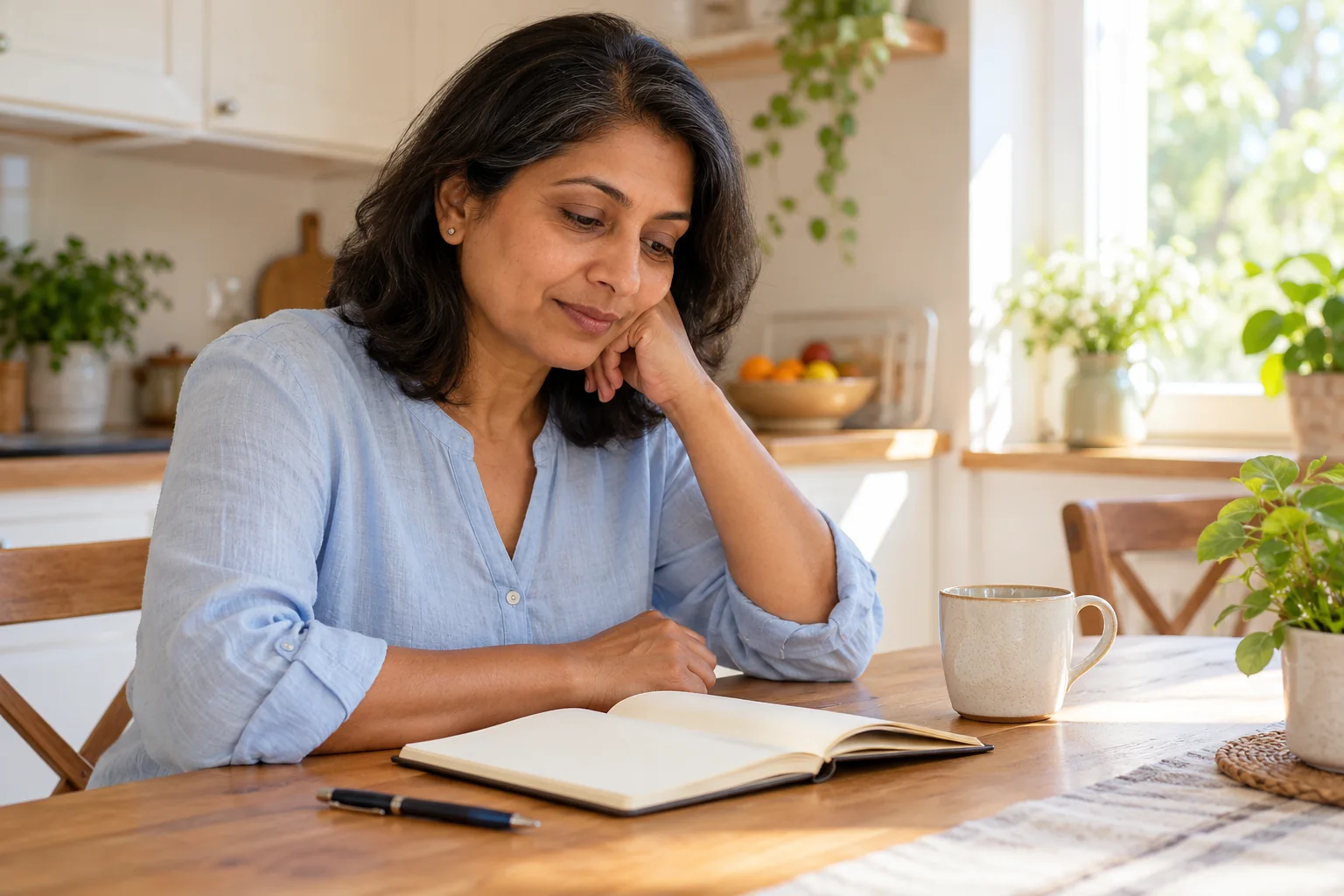 An adult reviewing a notebook with a mug on a kitchen table.