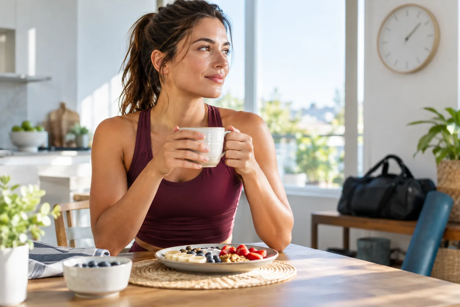 Woman having a modest coffee and breakfast before a workout