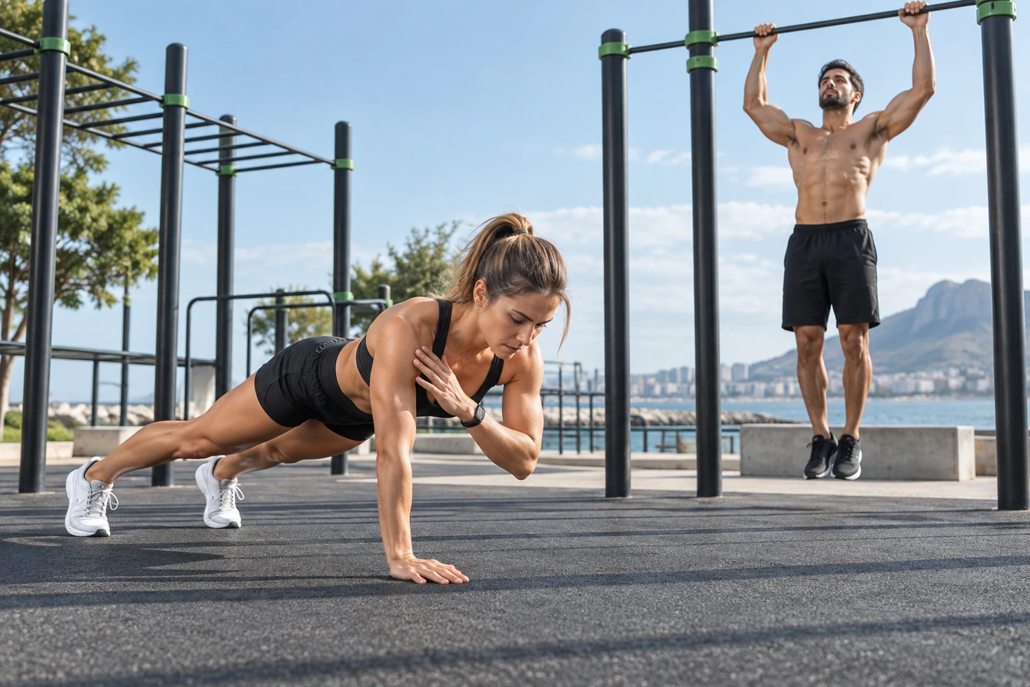 Athletes performing bodyweight training outdoors for the calisthenics workouts category