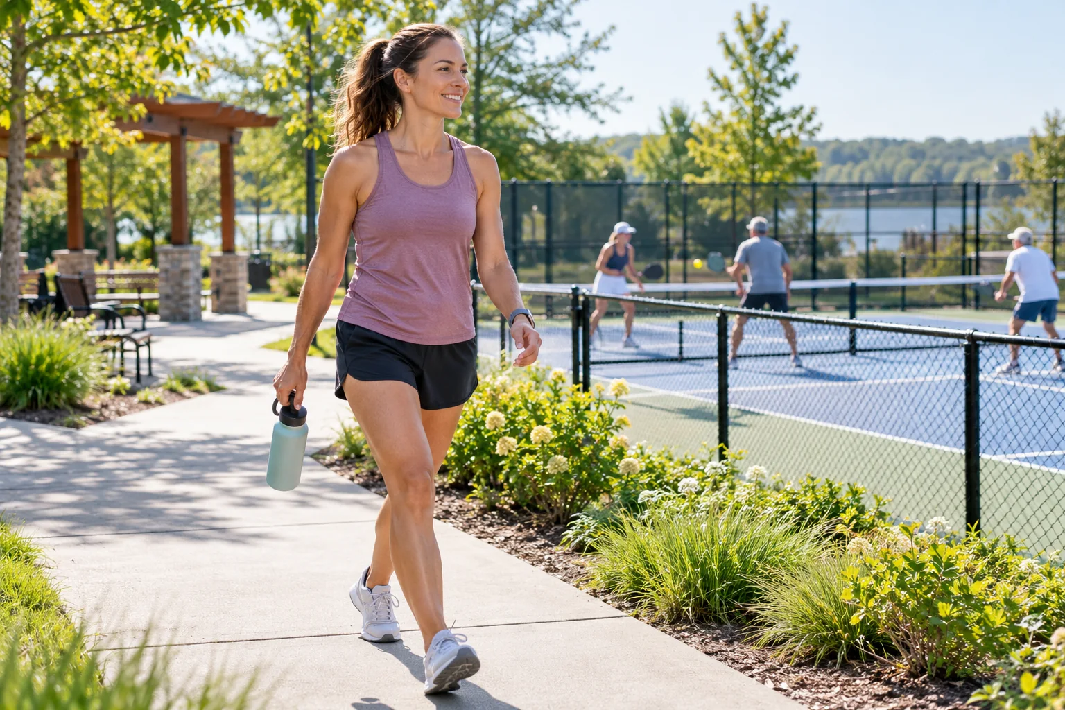 A woman walking briskly along a park path beside pickleball courts with water bottle in hand, athletic casual clothing, sunlight