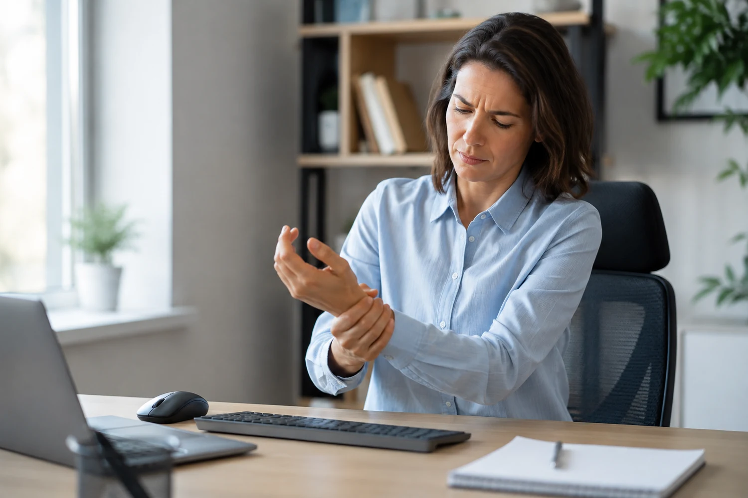 Office worker holding a sore wrist at a desk to illustrate carpal tunnel syndrome