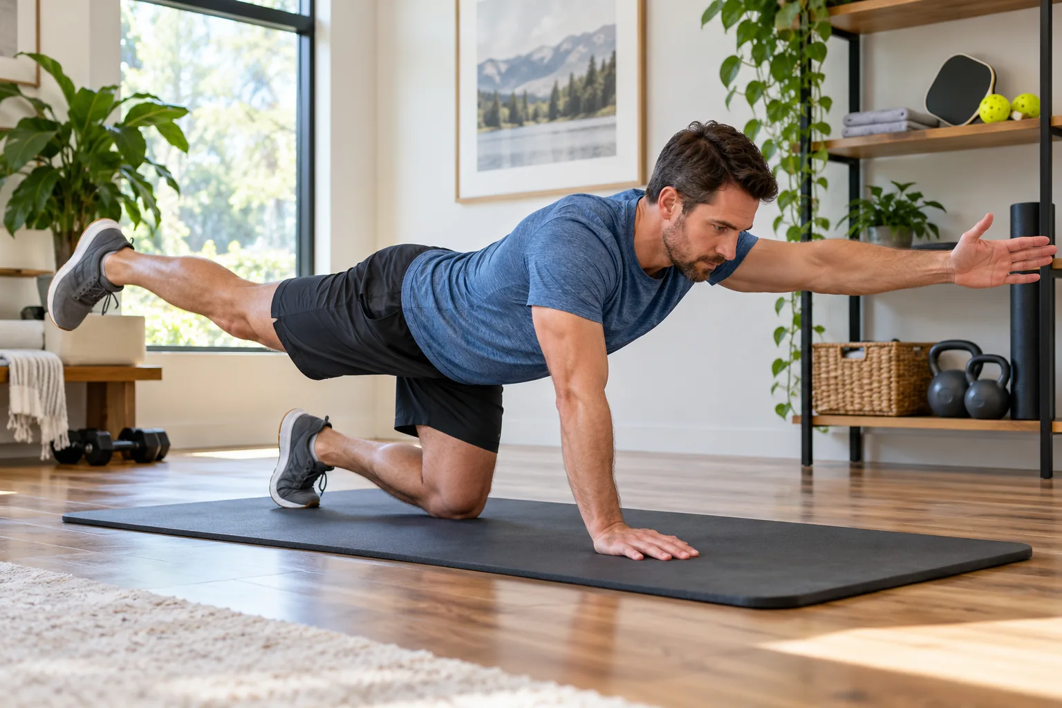 A man doing a controlled bird dog on a thick exercise mat in a bright home fitness room, pickleball paddle on shelving, side view