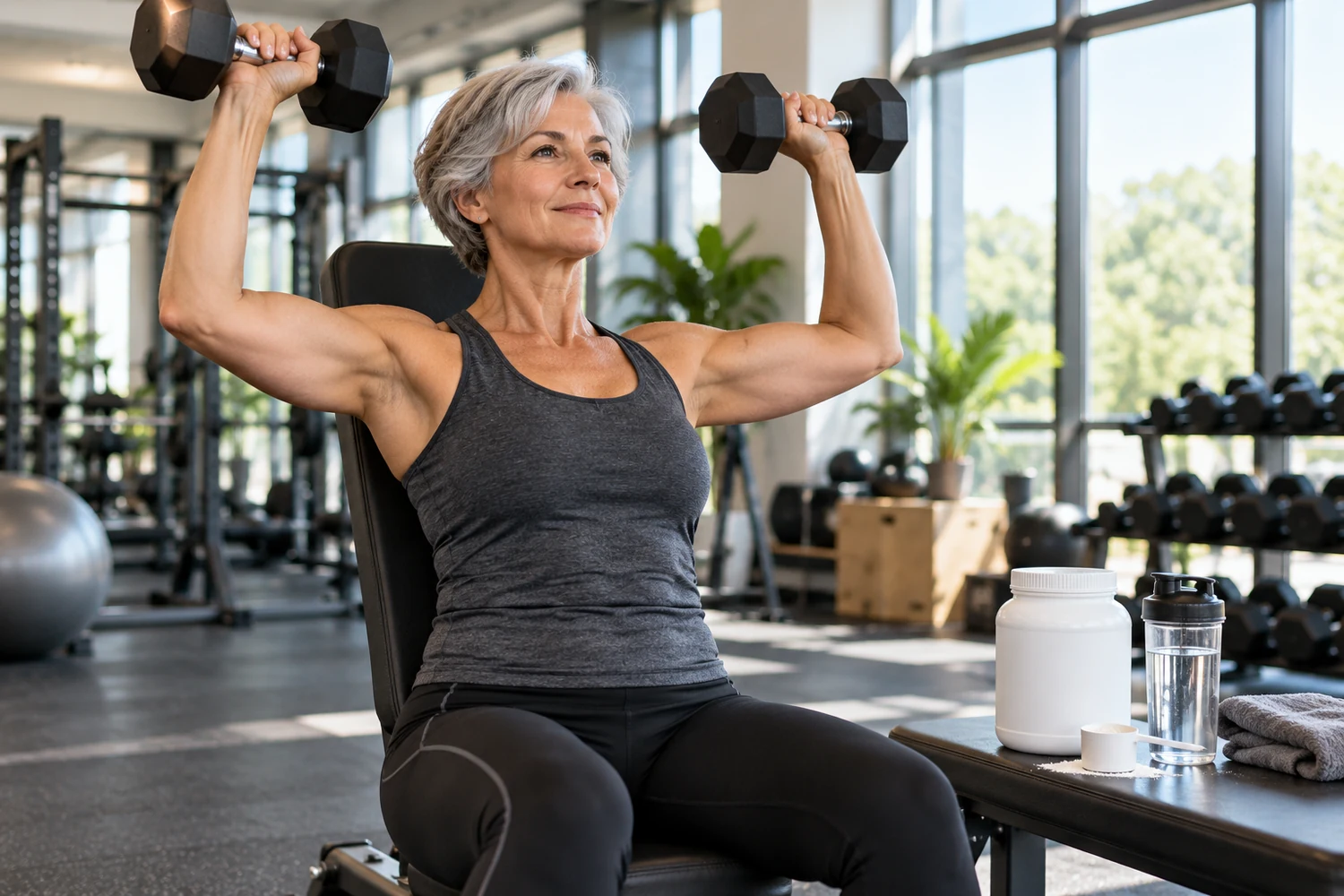 Fit older woman performing a dumbbell shoulder press in a modern gym beside an unbranded creatine supplement container