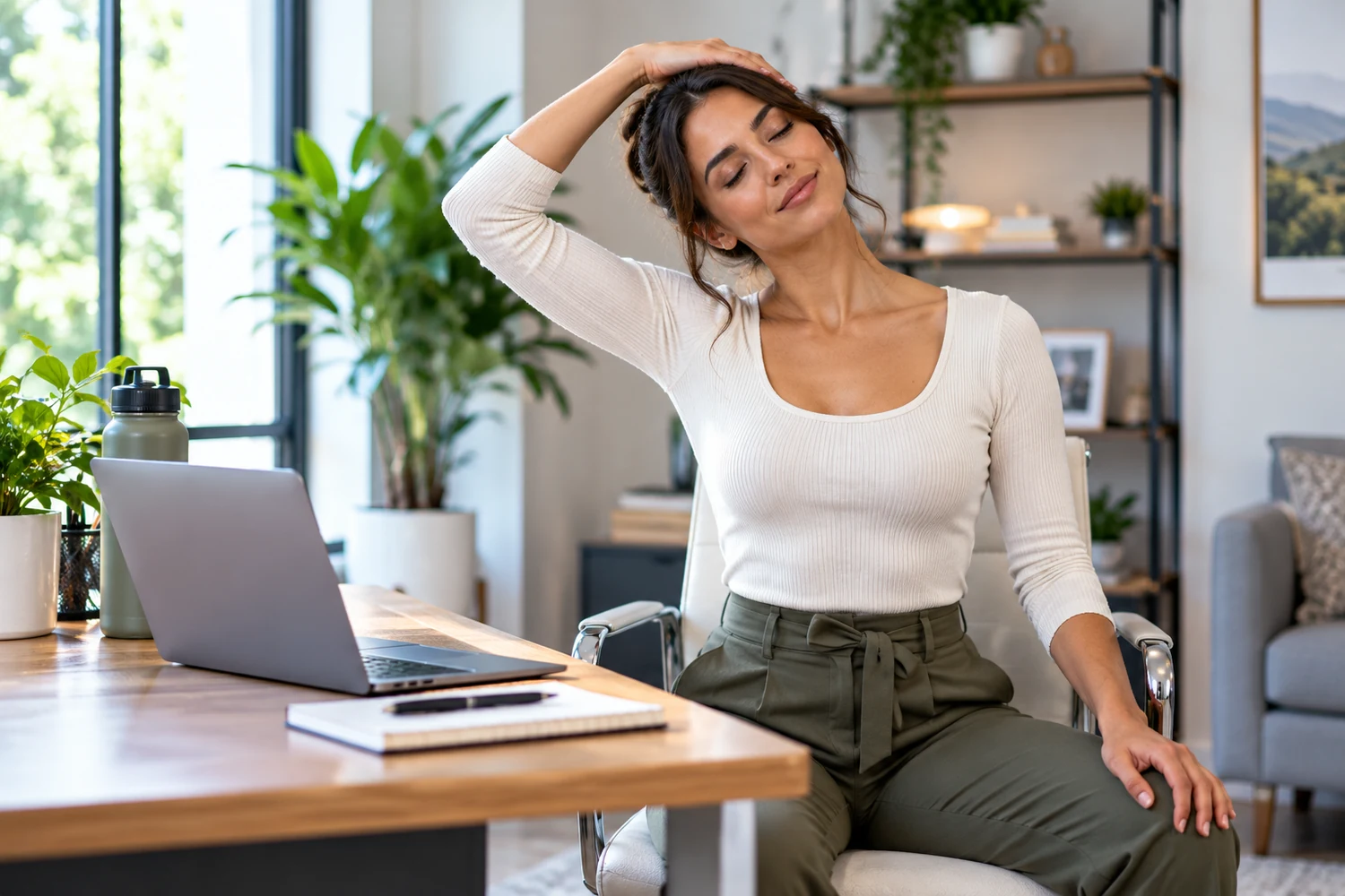 Adult woman doing a gentle seated neck stretch beside a laptop at a desk