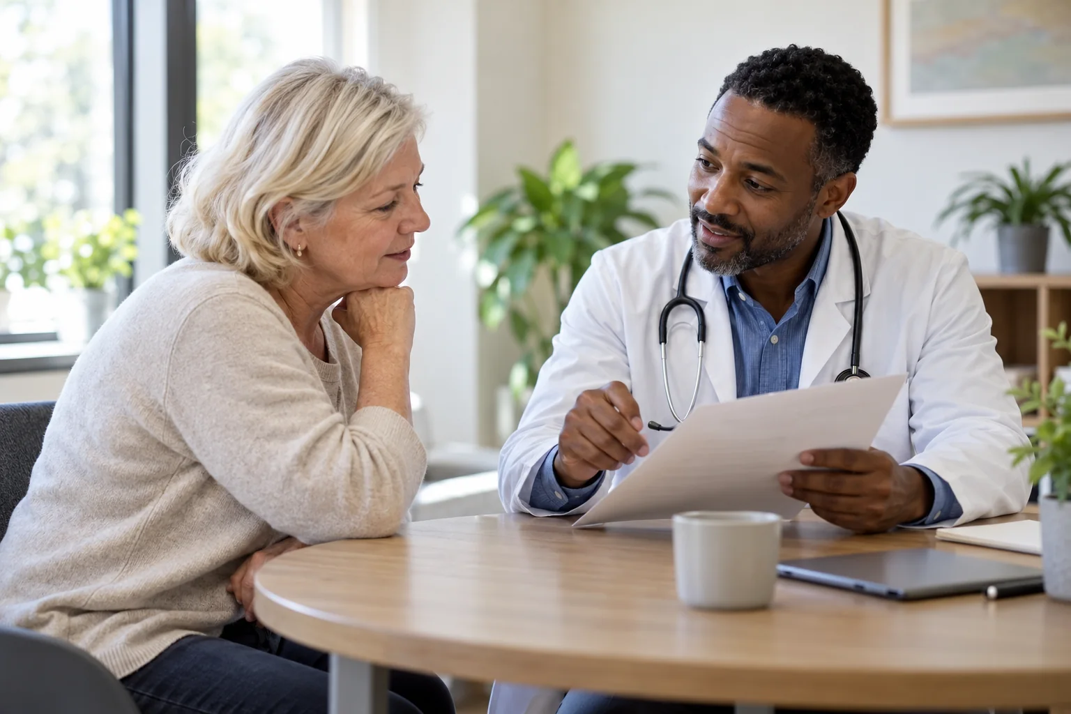 Patient and clinician discussing an indistinct scan report.