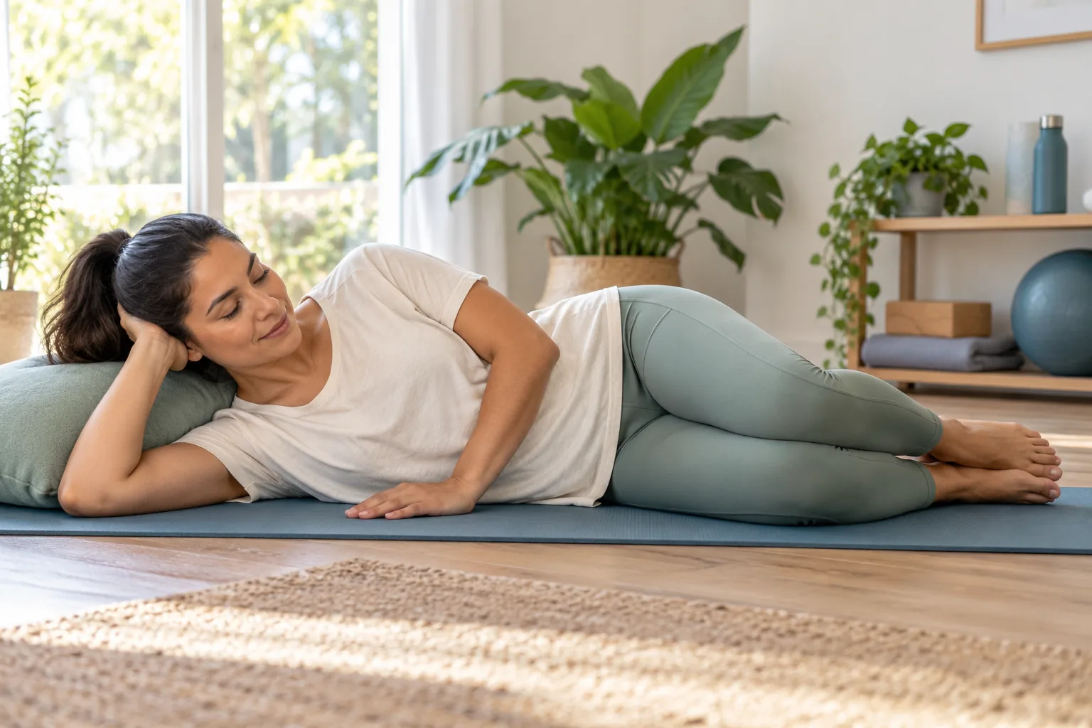 Postpartum adult resting in a supported side-lying position on an exercise mat