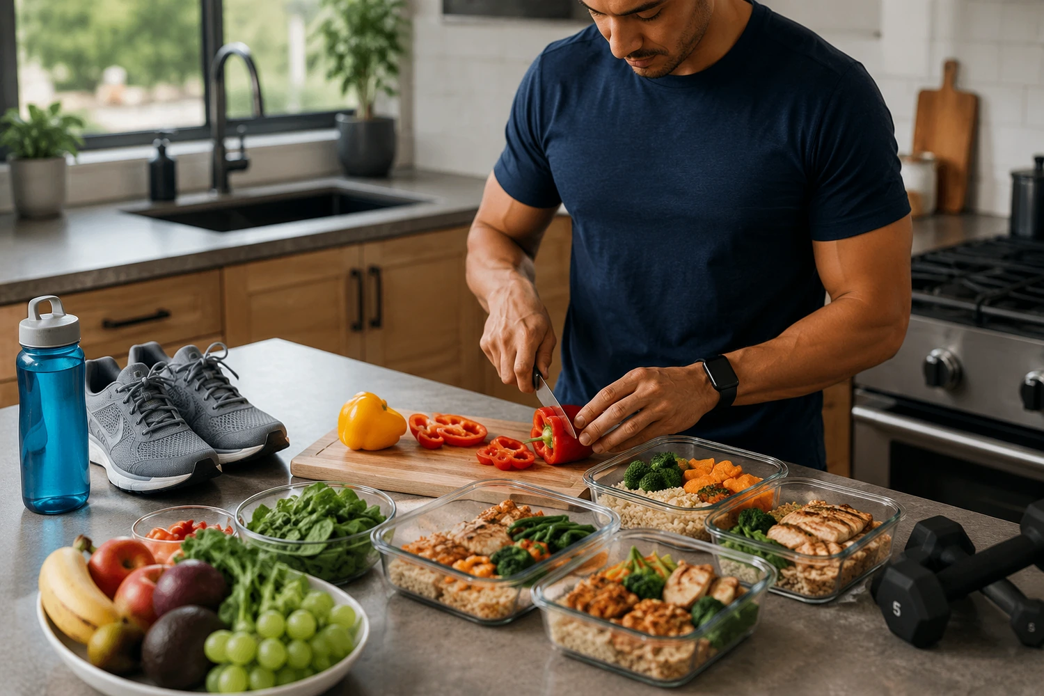 Active man preparing balanced meal-prep containers beside workout equipment in a home kitchen