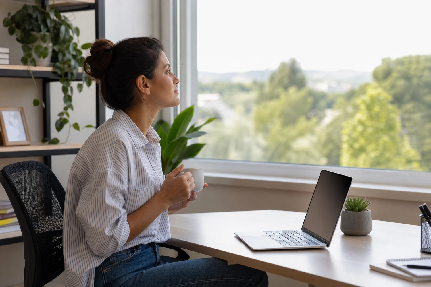Office worker taking a distance-view break from a laptop beside a large window