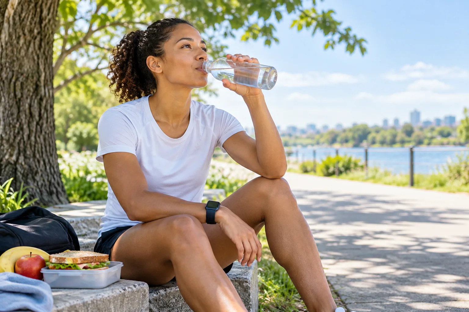 Runner taking a shaded drink break after a warm-weather run