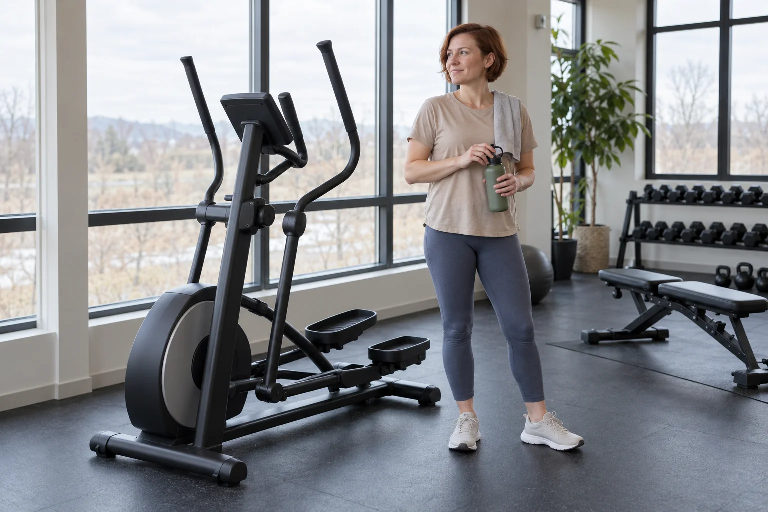 Woman taking a relaxed break beside an elliptical machine.