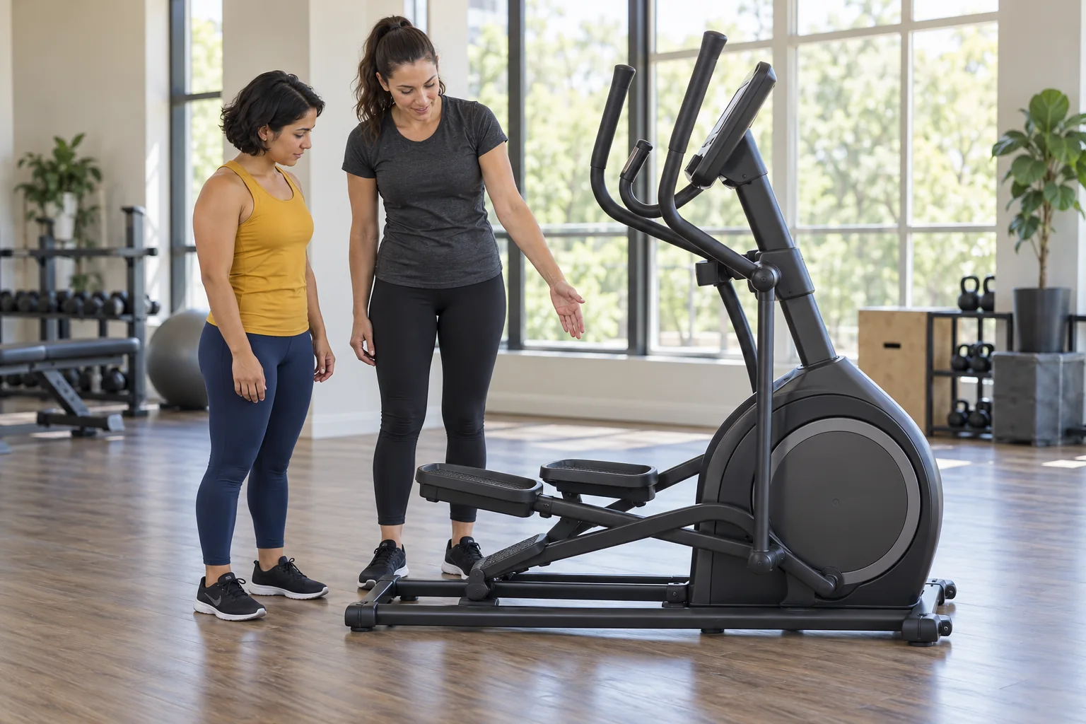 Petite exerciser and coach discussing the fit of an elliptical machine.
