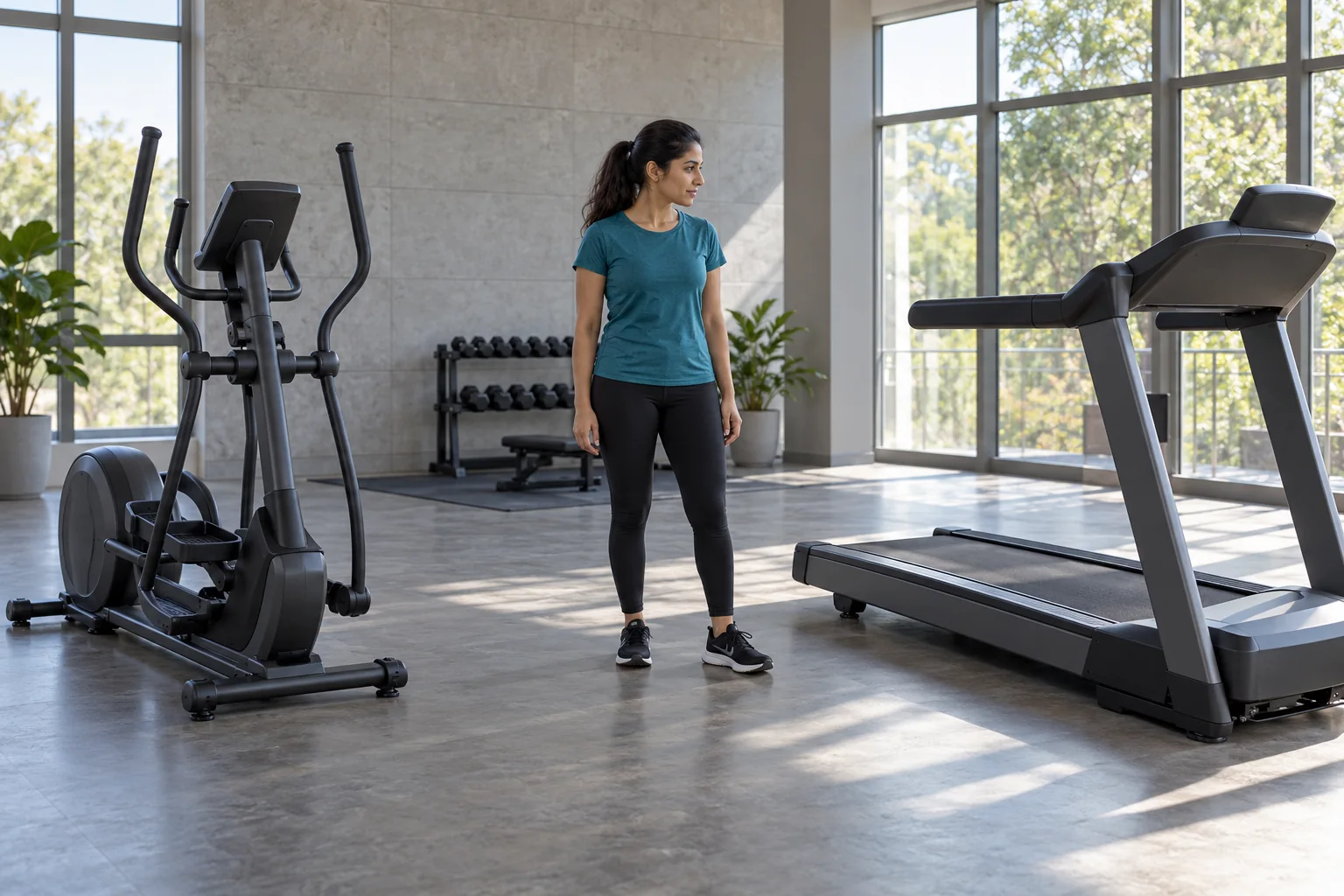Elliptical and inclined treadmill side by side in a spacious gym.