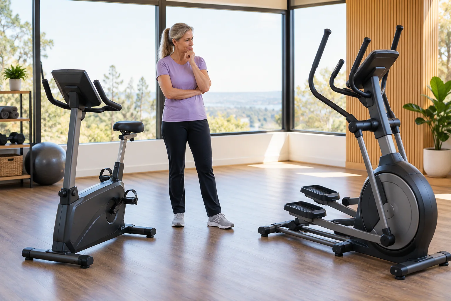 Stationary bike and elliptical available in a bright fitness studio.