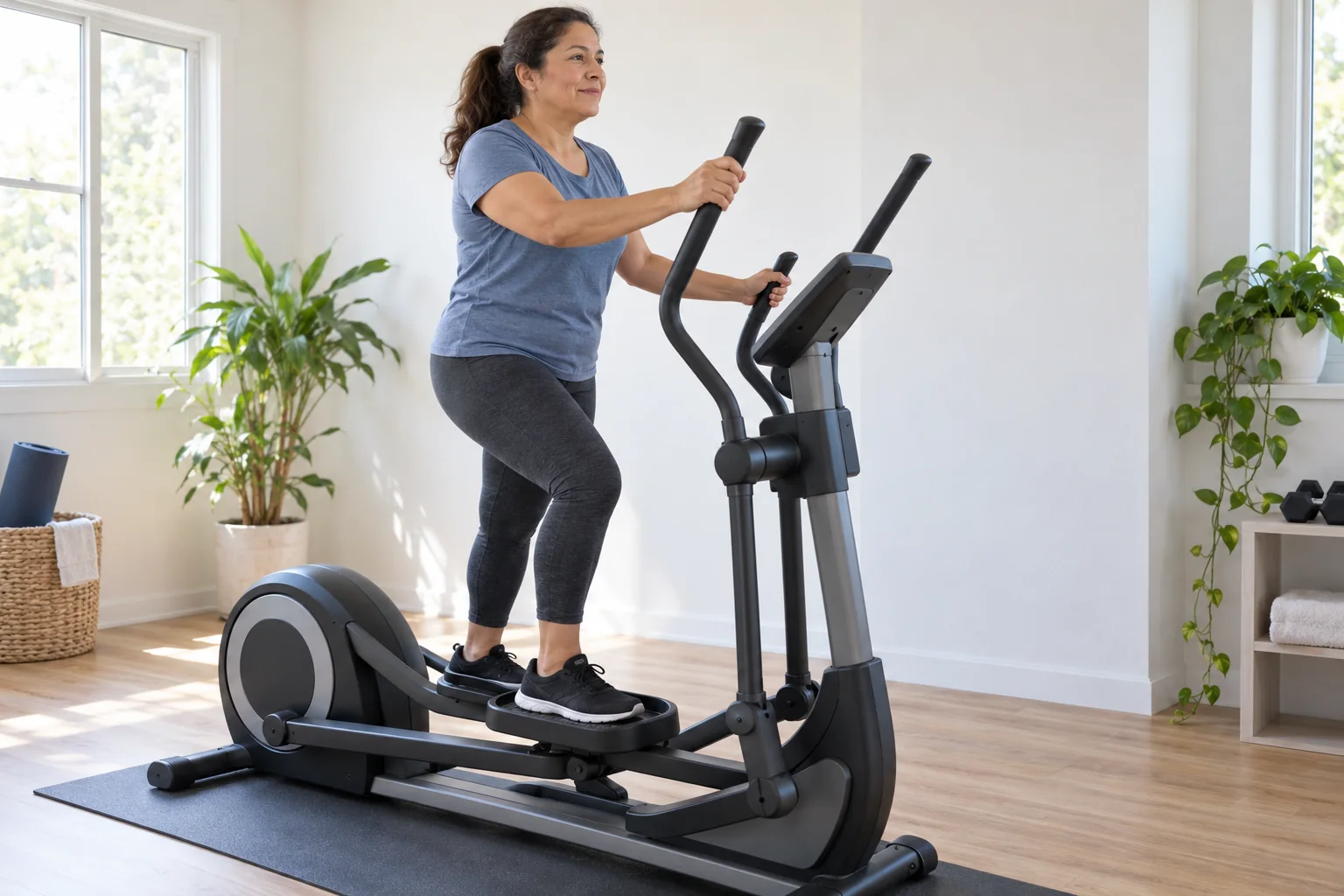 Woman enjoying a gentle elliptical workout at home.