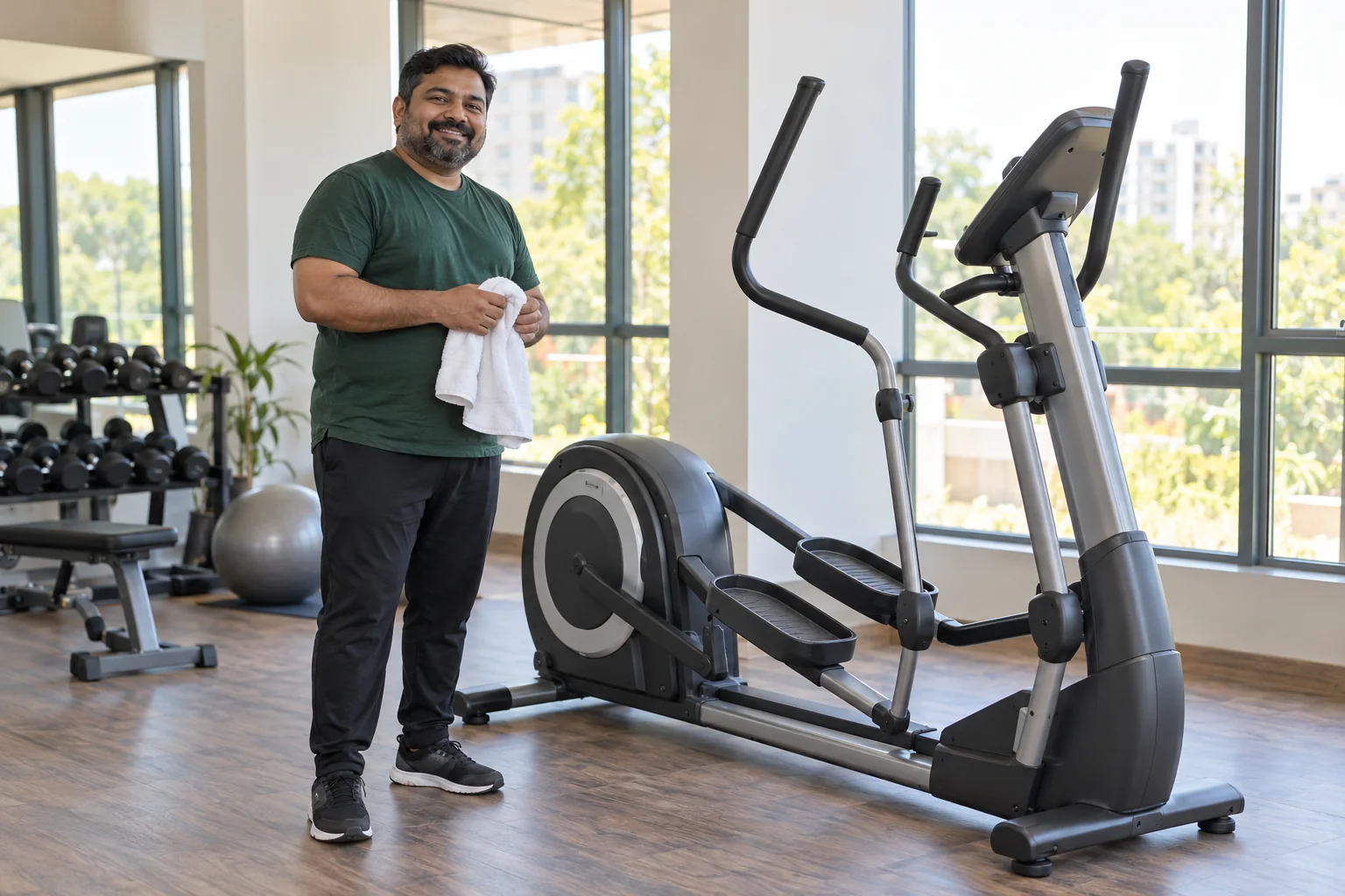 Man preparing for a comfortable elliptical session at a neighborhood gym.