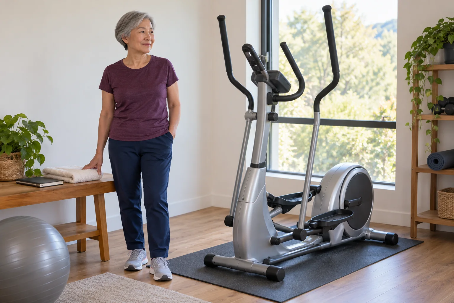 Woman preparing for her regular home elliptical session.