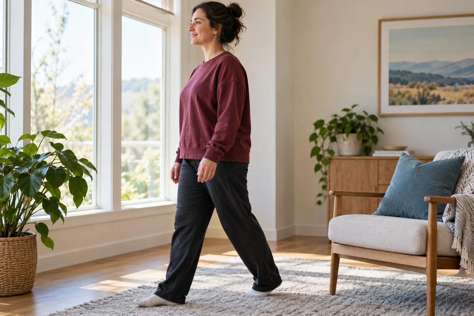 Postpartum adult taking a short comfortable indoor walk during recovery