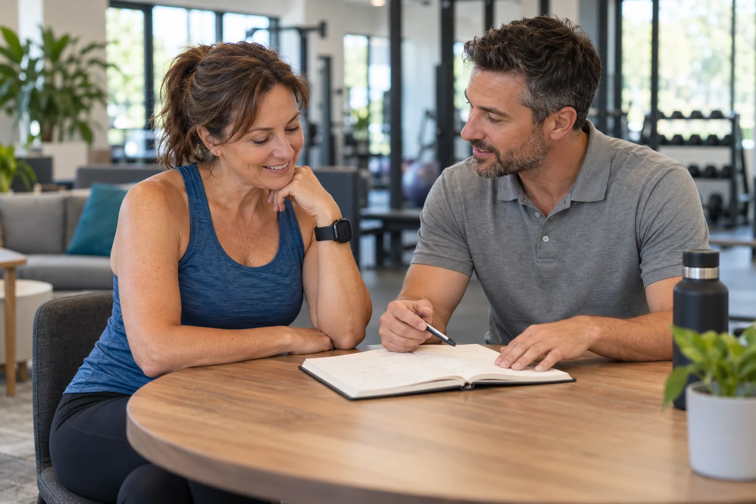Two adults discussing a training notebook in a calm fitness setting.