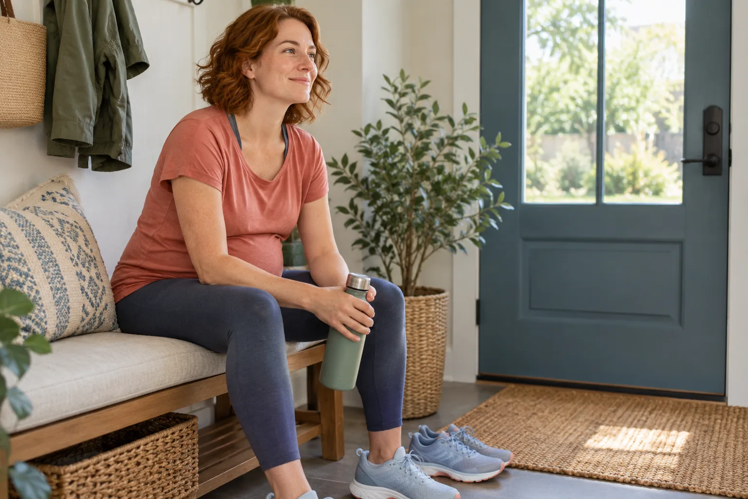 Adult taking a seated water break after a gentle first-trimester walk
