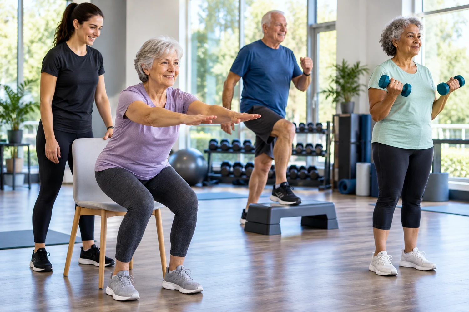 Older adults performing supported squats step-ups and light dumbbell exercises with a trainer in a bright fitness studio to reduce frailty risk