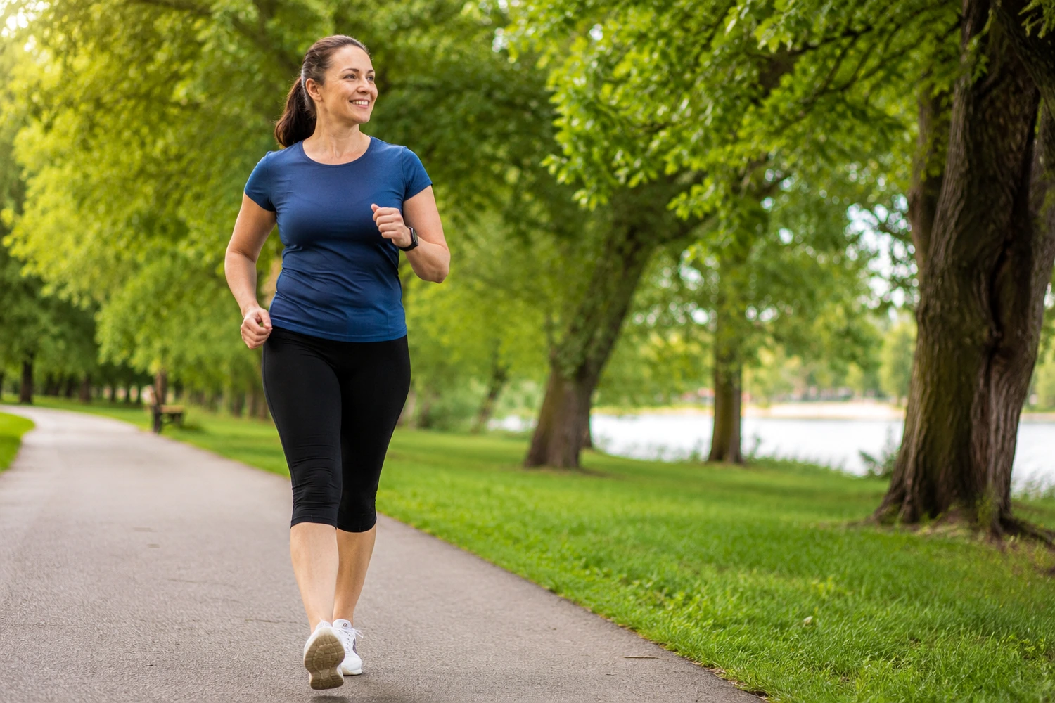 Woman walking briskly along a green park path