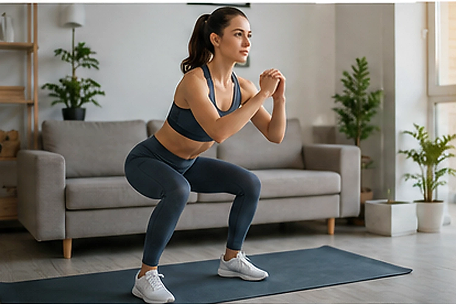Beginner woman performing a controlled bodyweight squat during a home full body workout