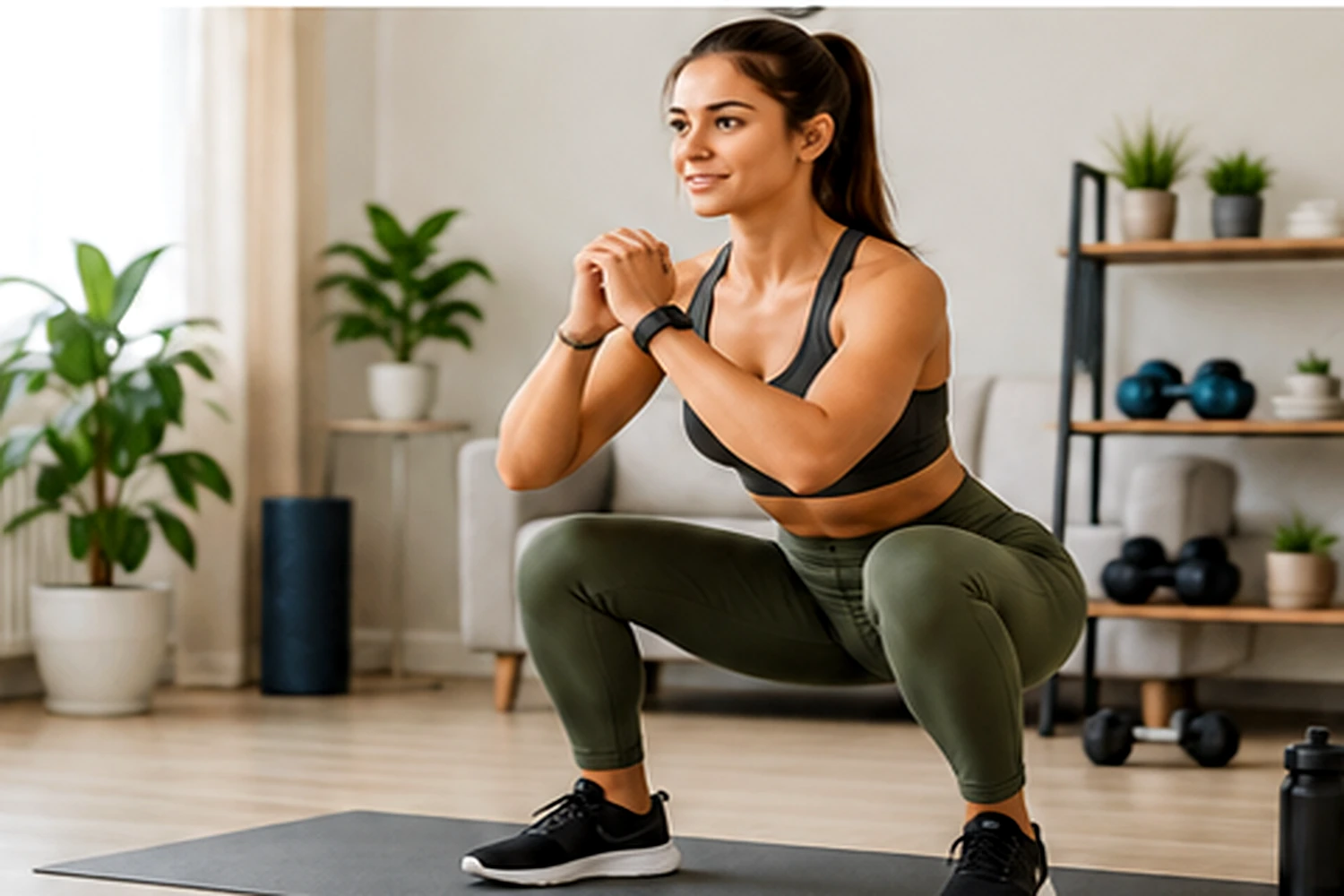 Woman performing a controlled functional squat during a functional fitness and mobility session