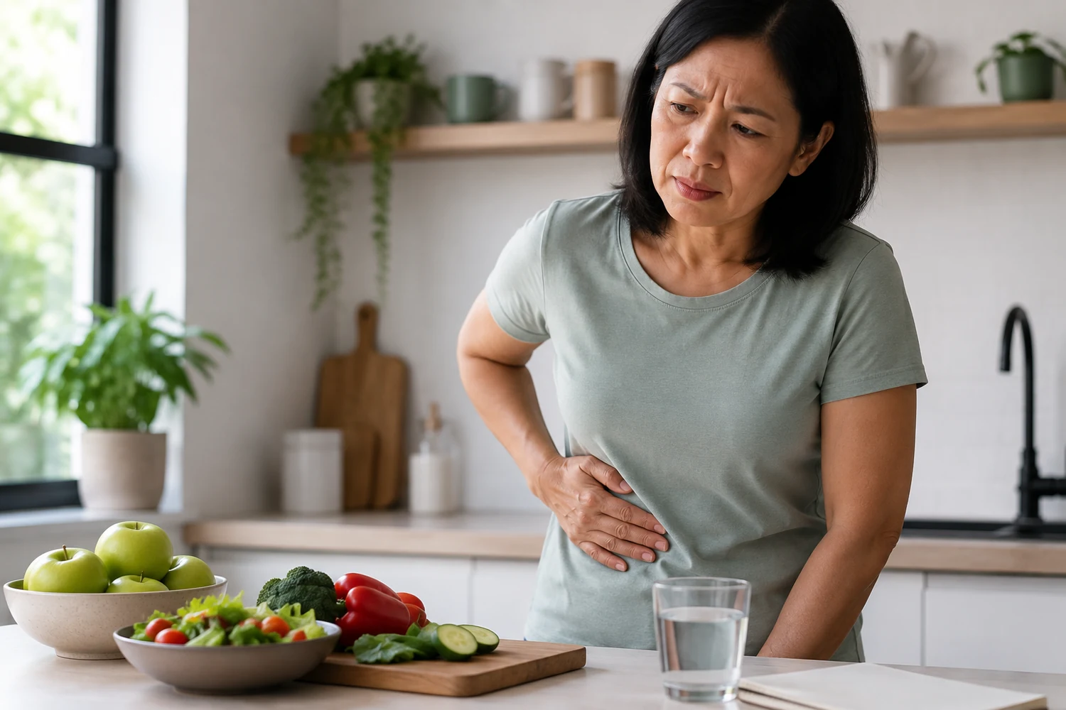 Woman holding her upper abdomen in the kitchen to illustrate possible gallbladder discomfort