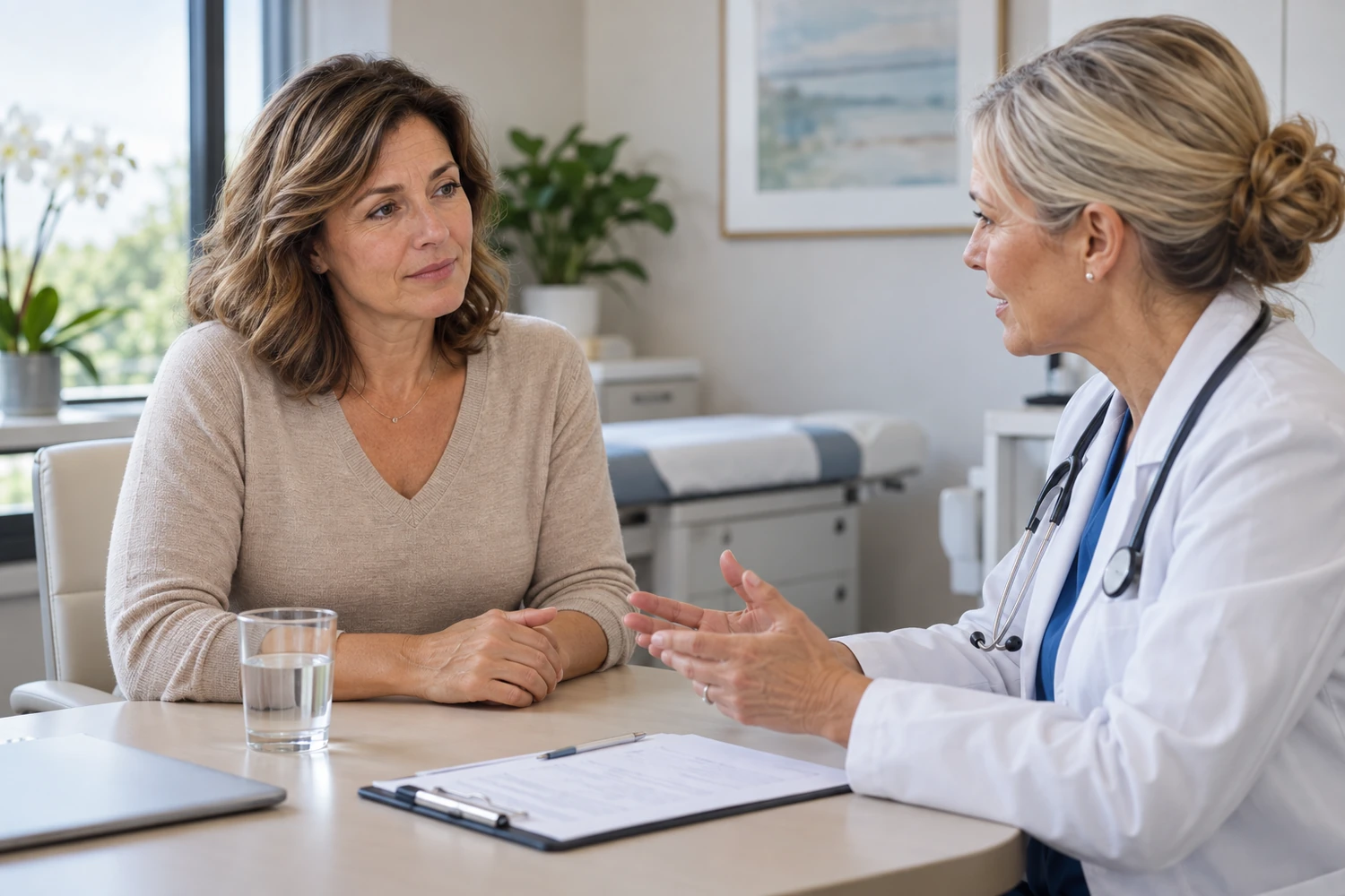 Midlife woman having a private, respectful conversation with a healthcare professional about menopause symptoms