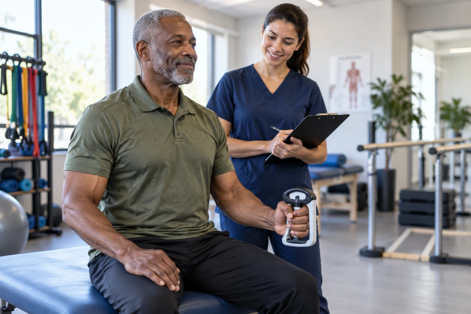 Older Black man completing a hand grip dynamometer test while a clinician records the result in a rehabilitation clinic