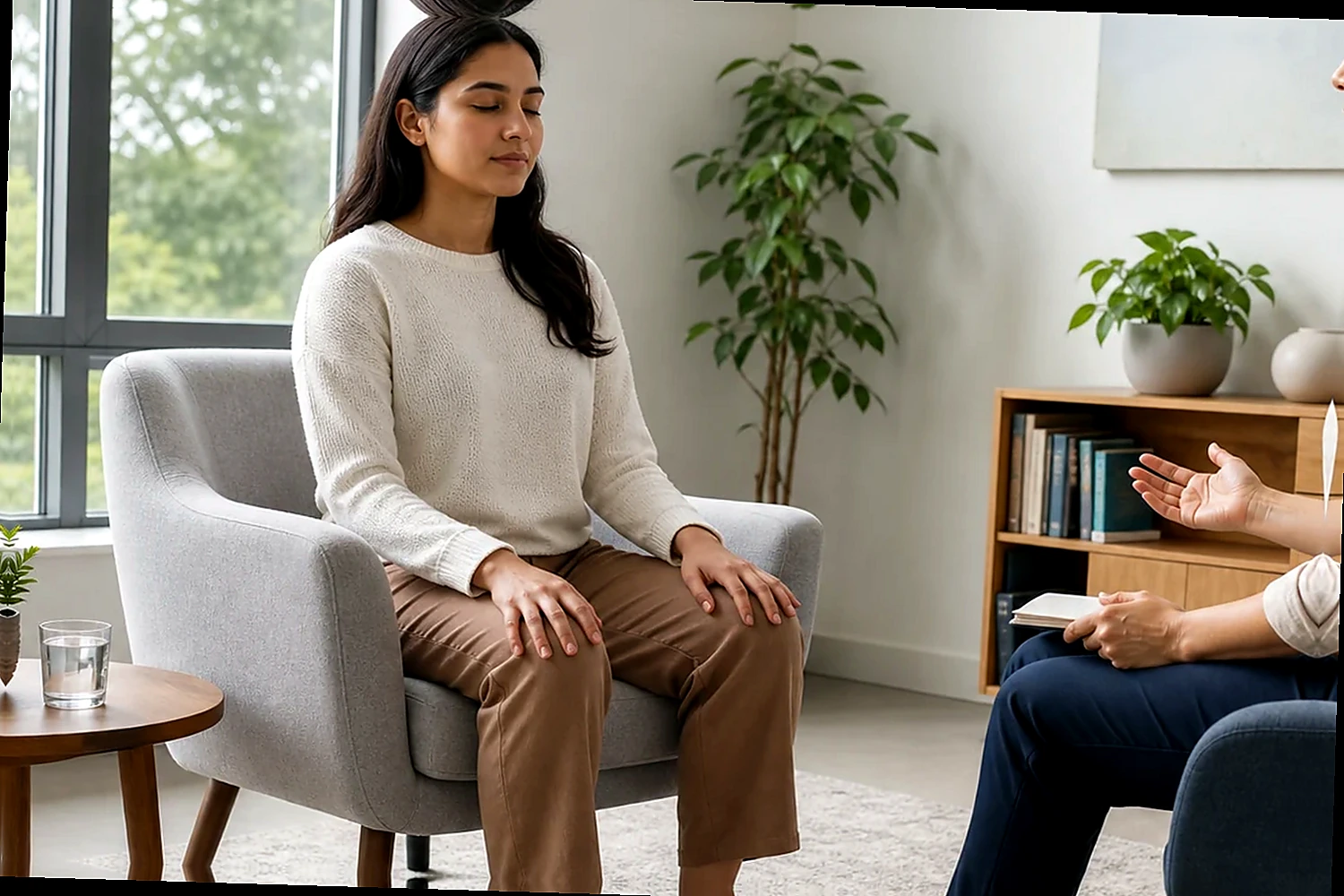 Adult practicing slow breathing and relaxation in a quiet home setting
