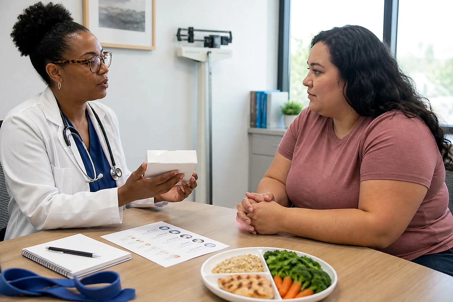 Patient discussing medication and nutrition with a healthcare professional in a clinic