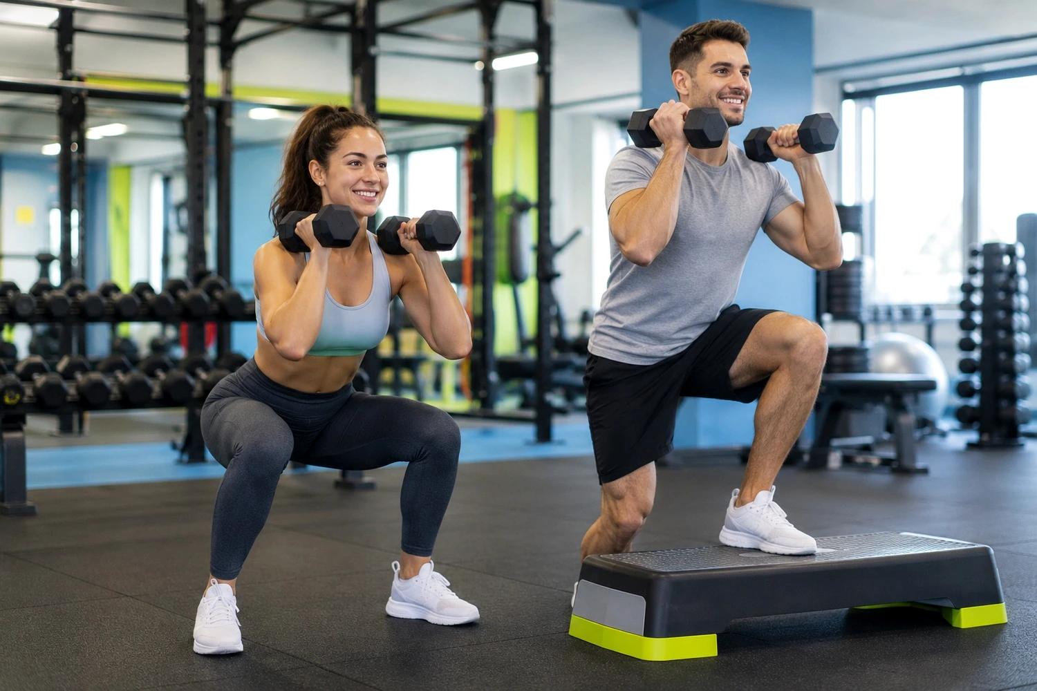 Beginner adults following a dumbbell and step training session in a modern gym