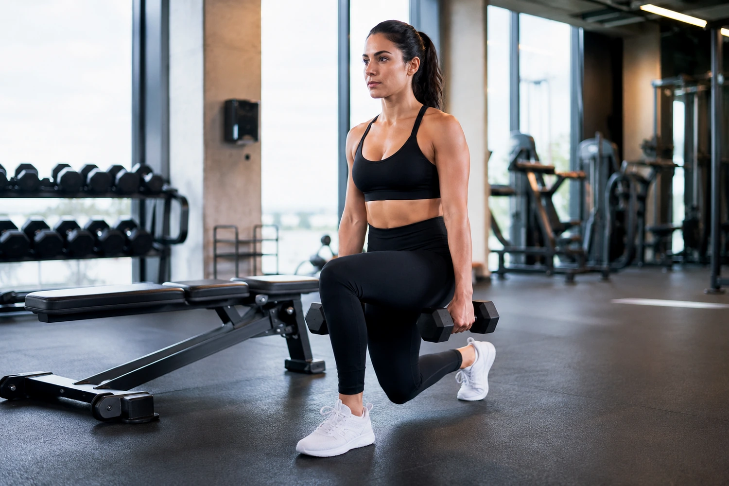 Woman performing a controlled dumbbell lunge during a gym workout