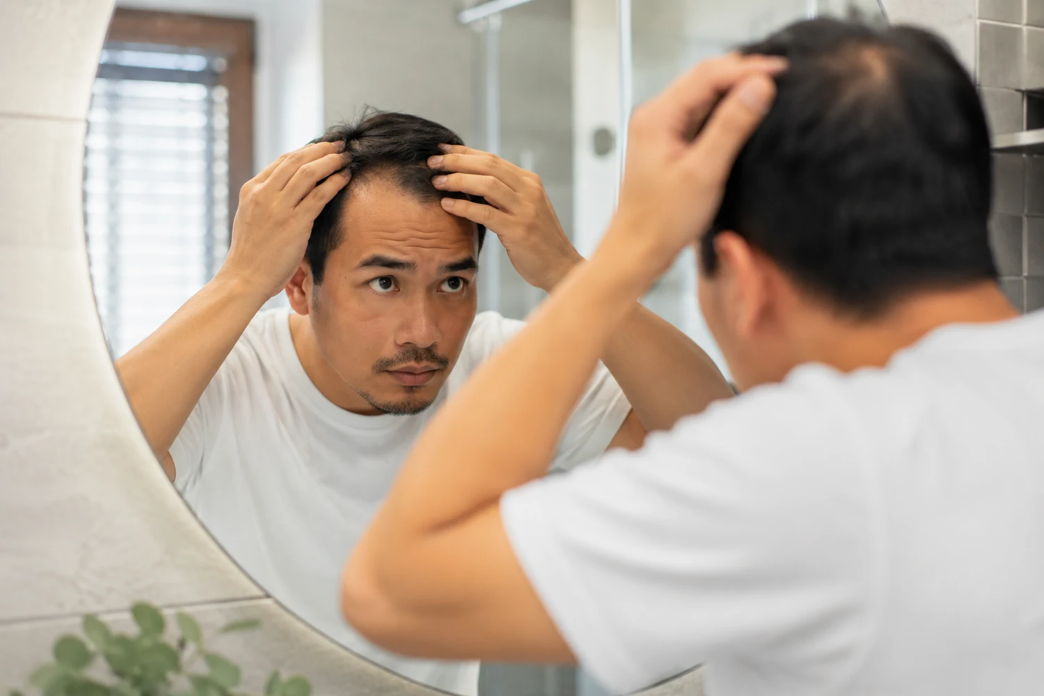Adult checking thinning hair in the mirror to illustrate hair loss concerns