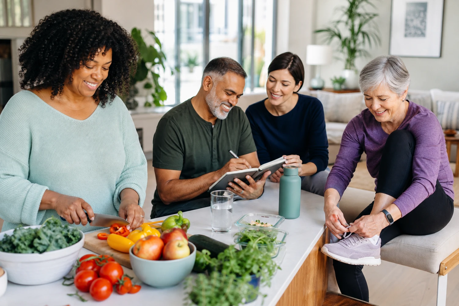 Adults building sustainable weight-loss habits with balanced meals, walking and planning