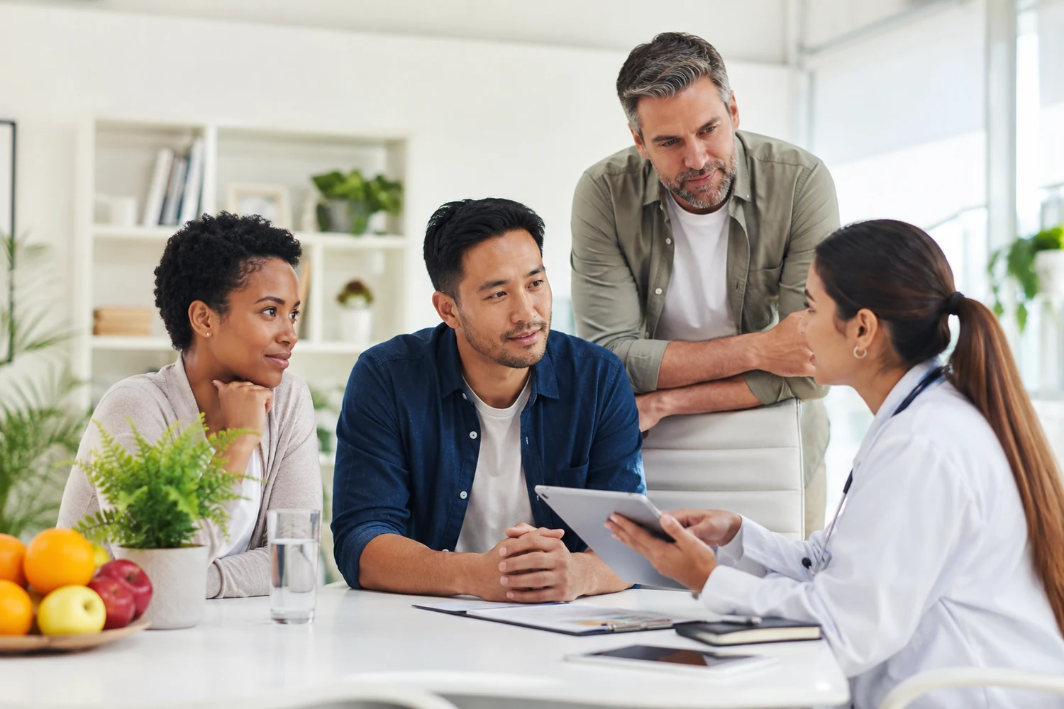 Healthcare professional discussing common health concerns with adults at a consultation table
