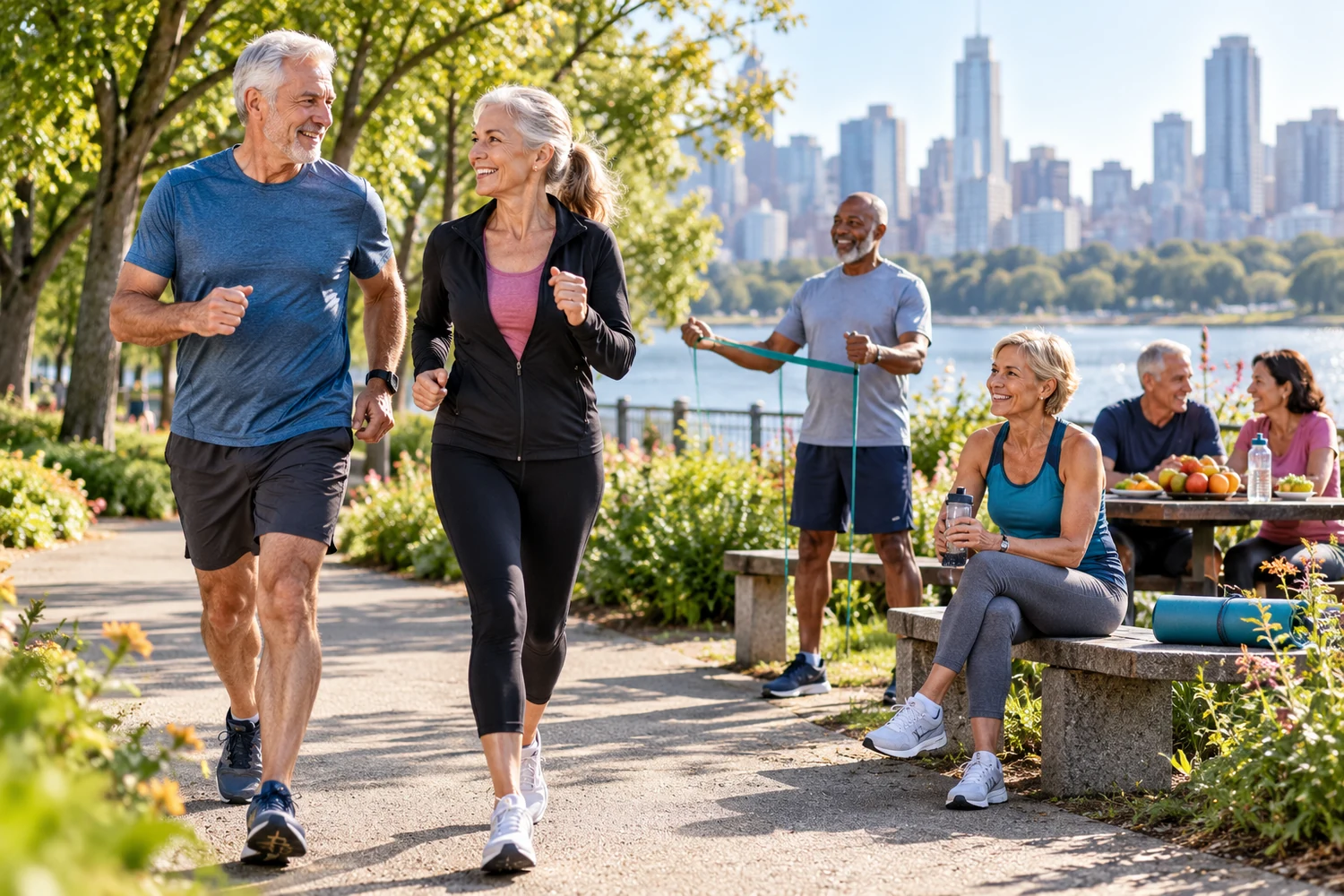 Diverse older adults walking exercising and socializing together in a sunny waterfront park as a symbol of healthspan and healthy longevity