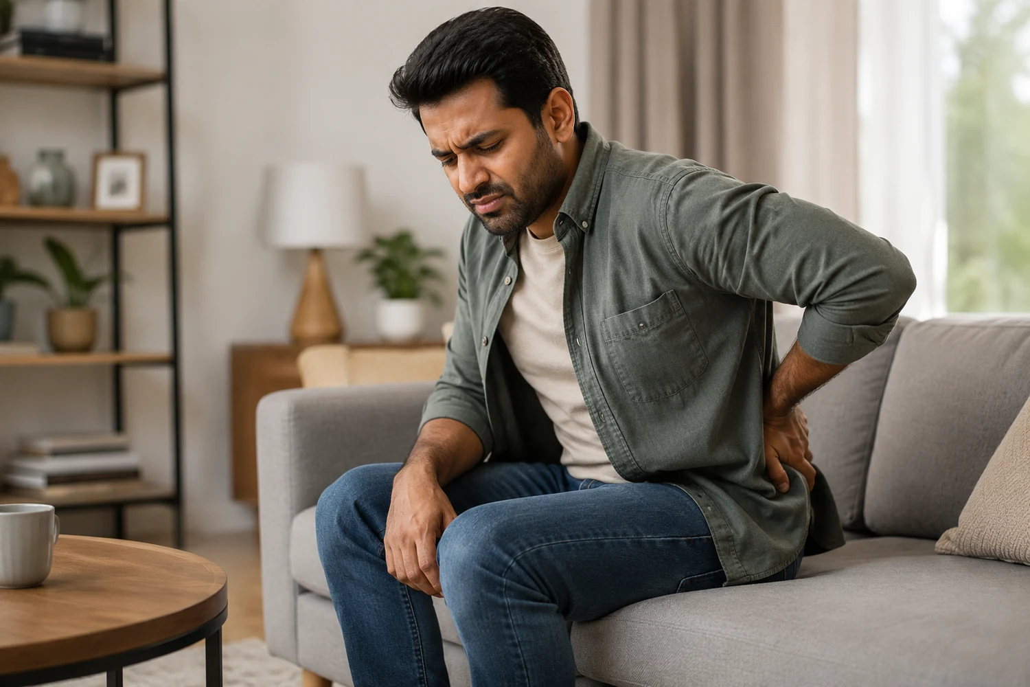 Adult sitting uncomfortably at home to illustrate pain and discomfort related to hemorrhoids