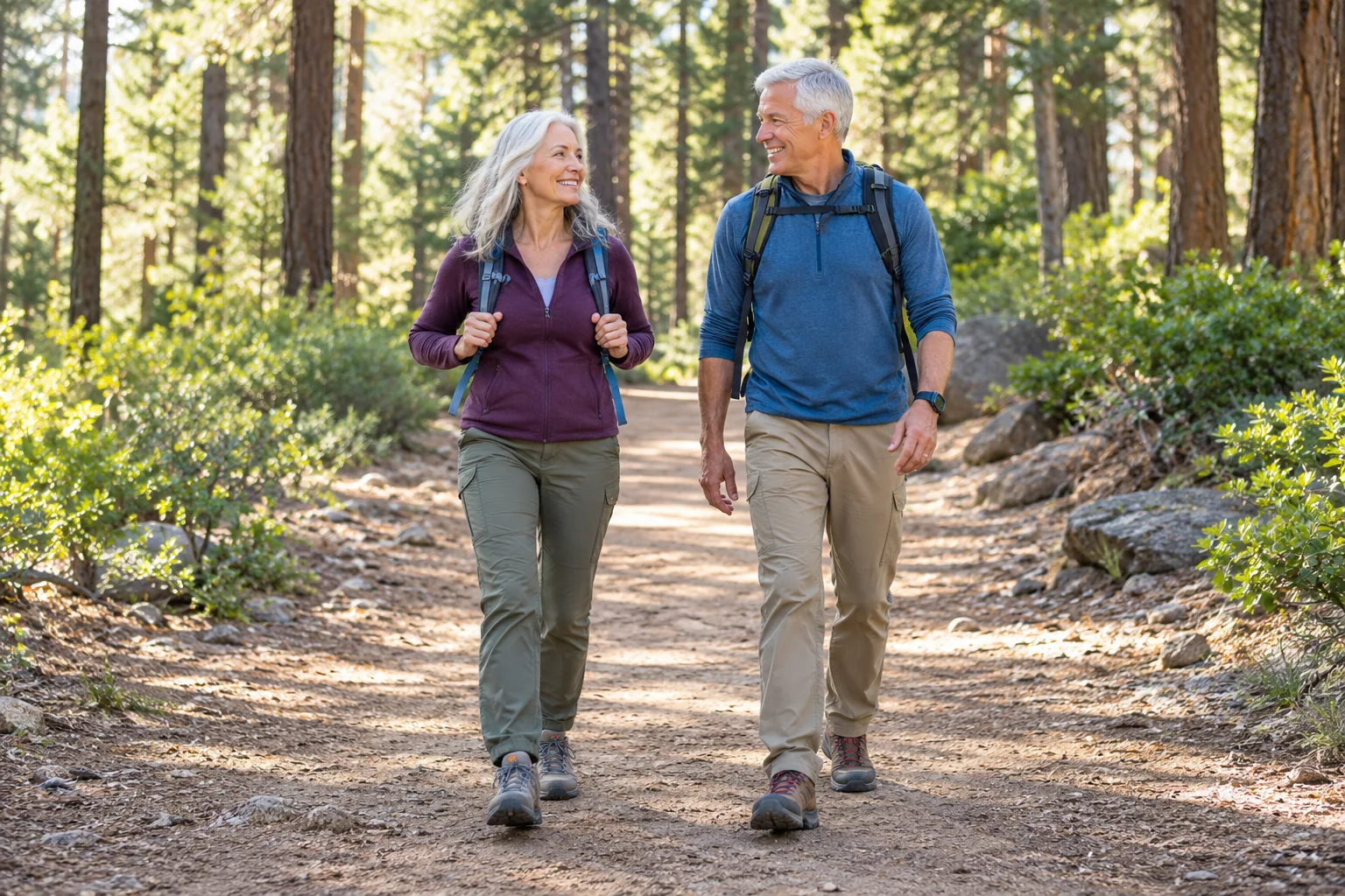 A silver-haired couple in their late fifties walking comfortably on a wide dry forest trail with small daypacks, natural expressions and full-body framing
